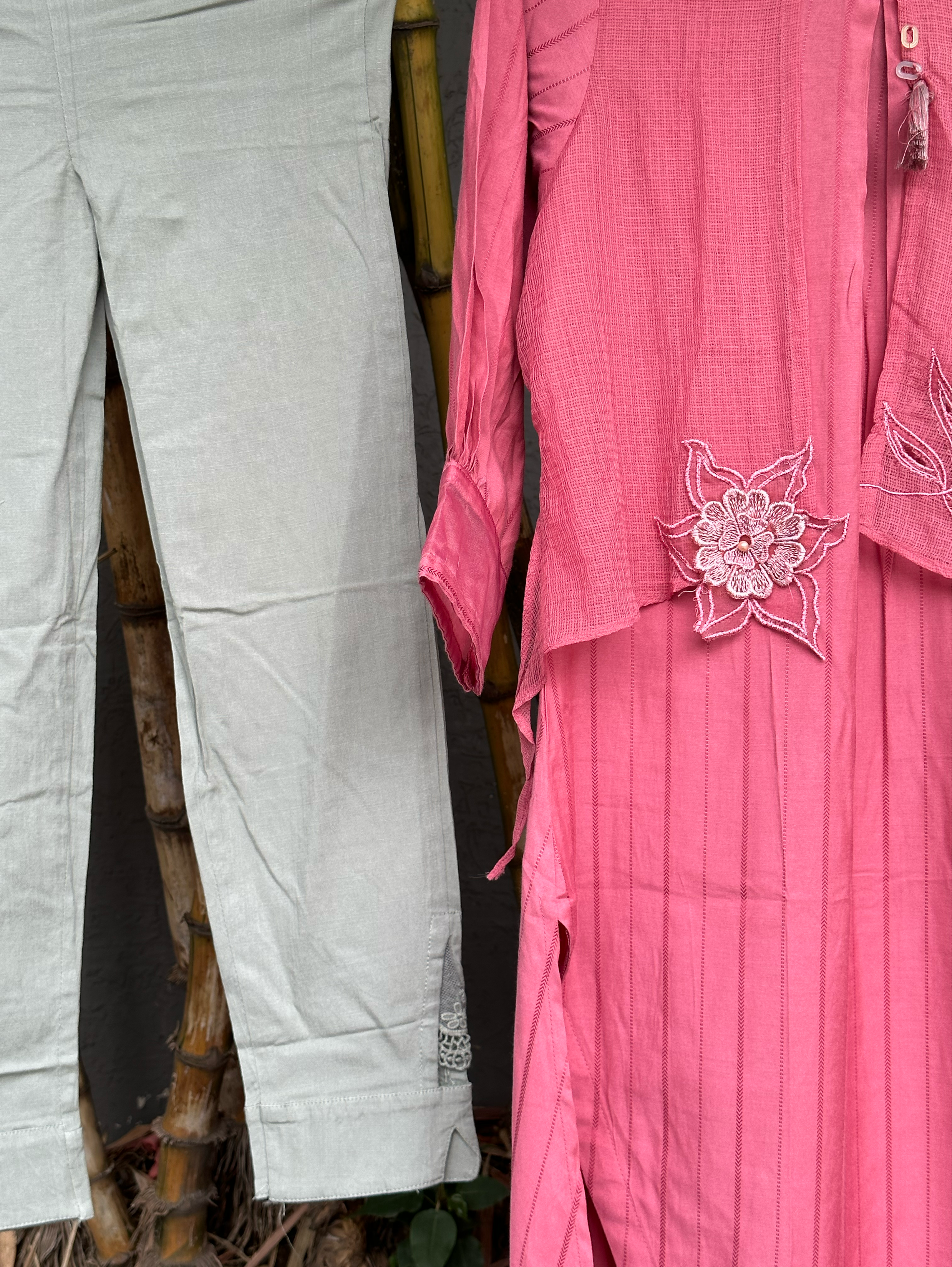 Image of Rayon Pant Pair with Attached Jacket and Embroidery work