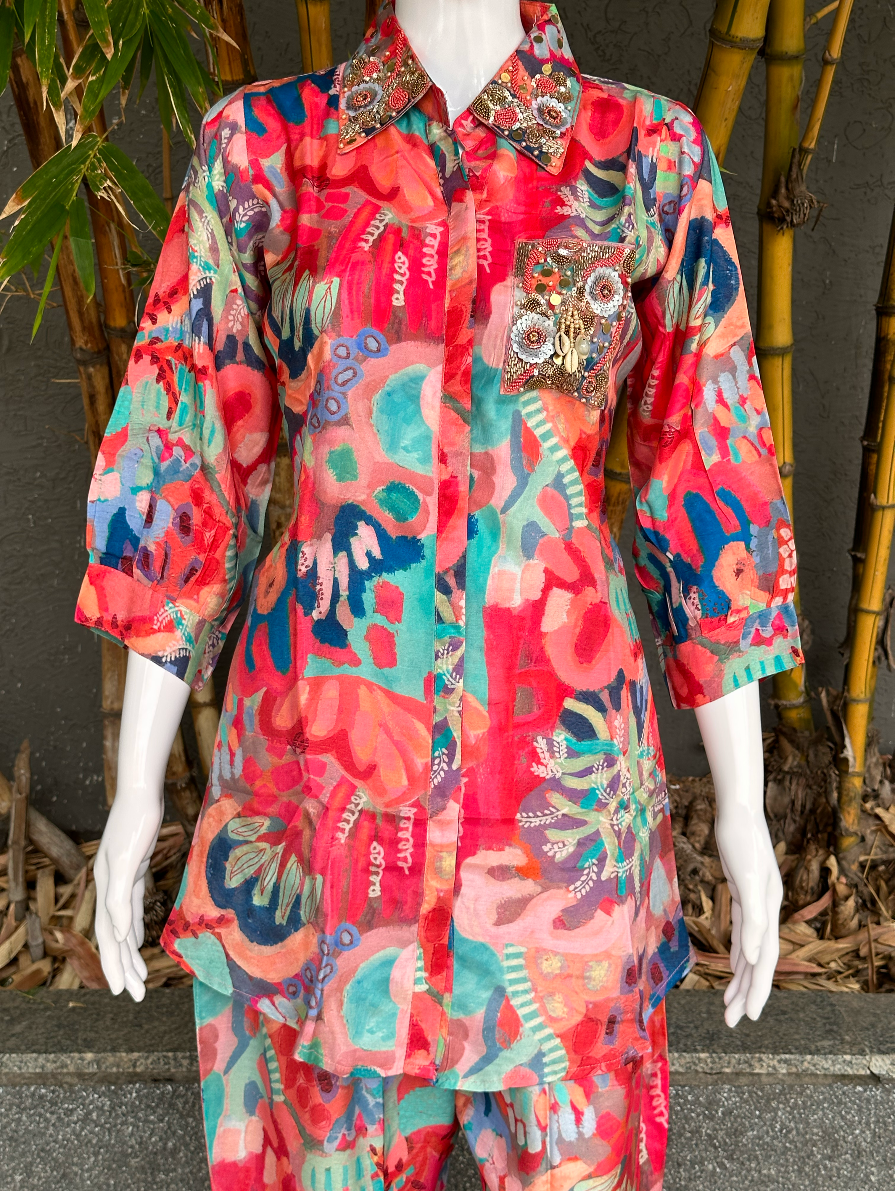 Muslin Coord Set with Collar & Pocket Hand Work