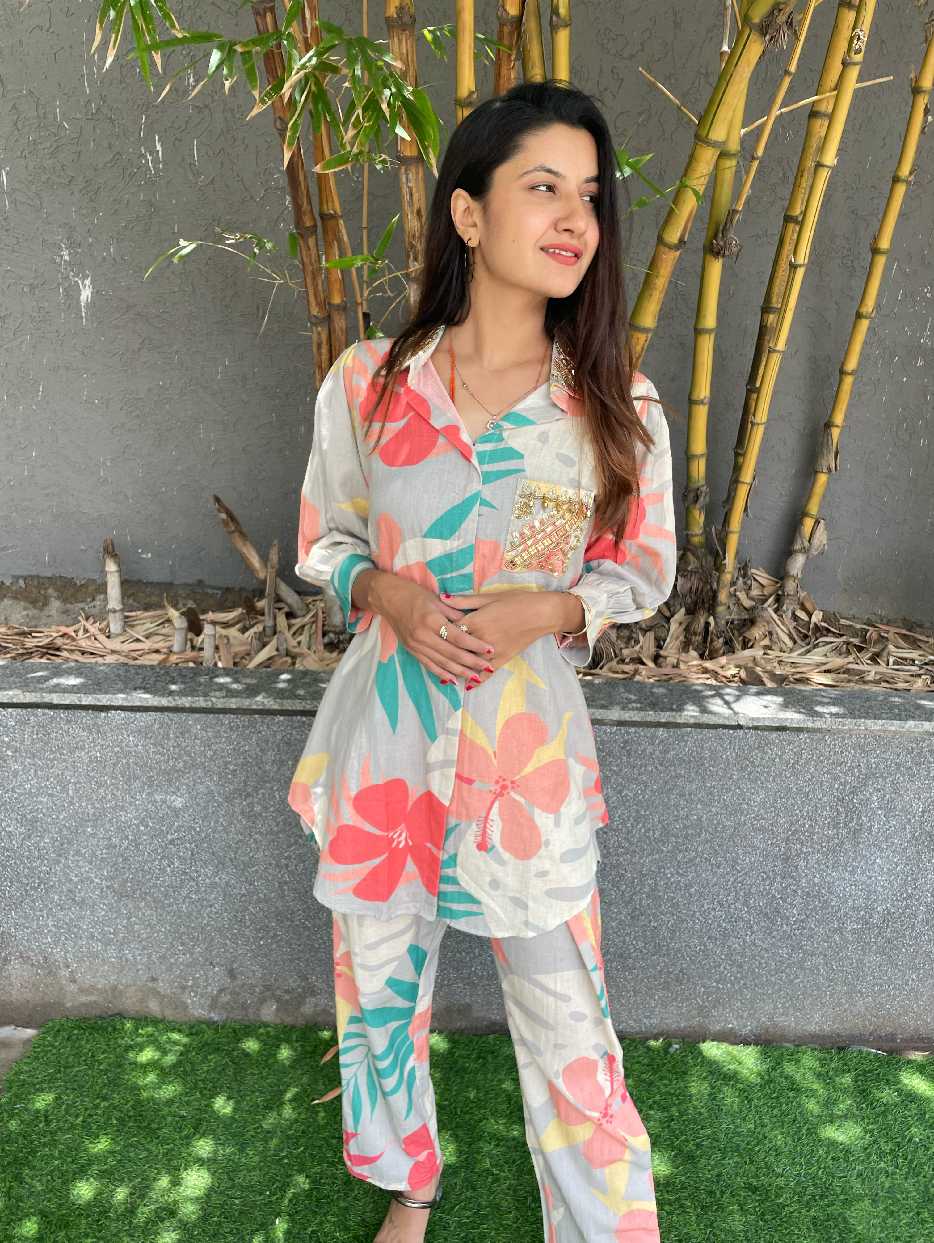 Image of Cotton Flower Print Hand work Coords