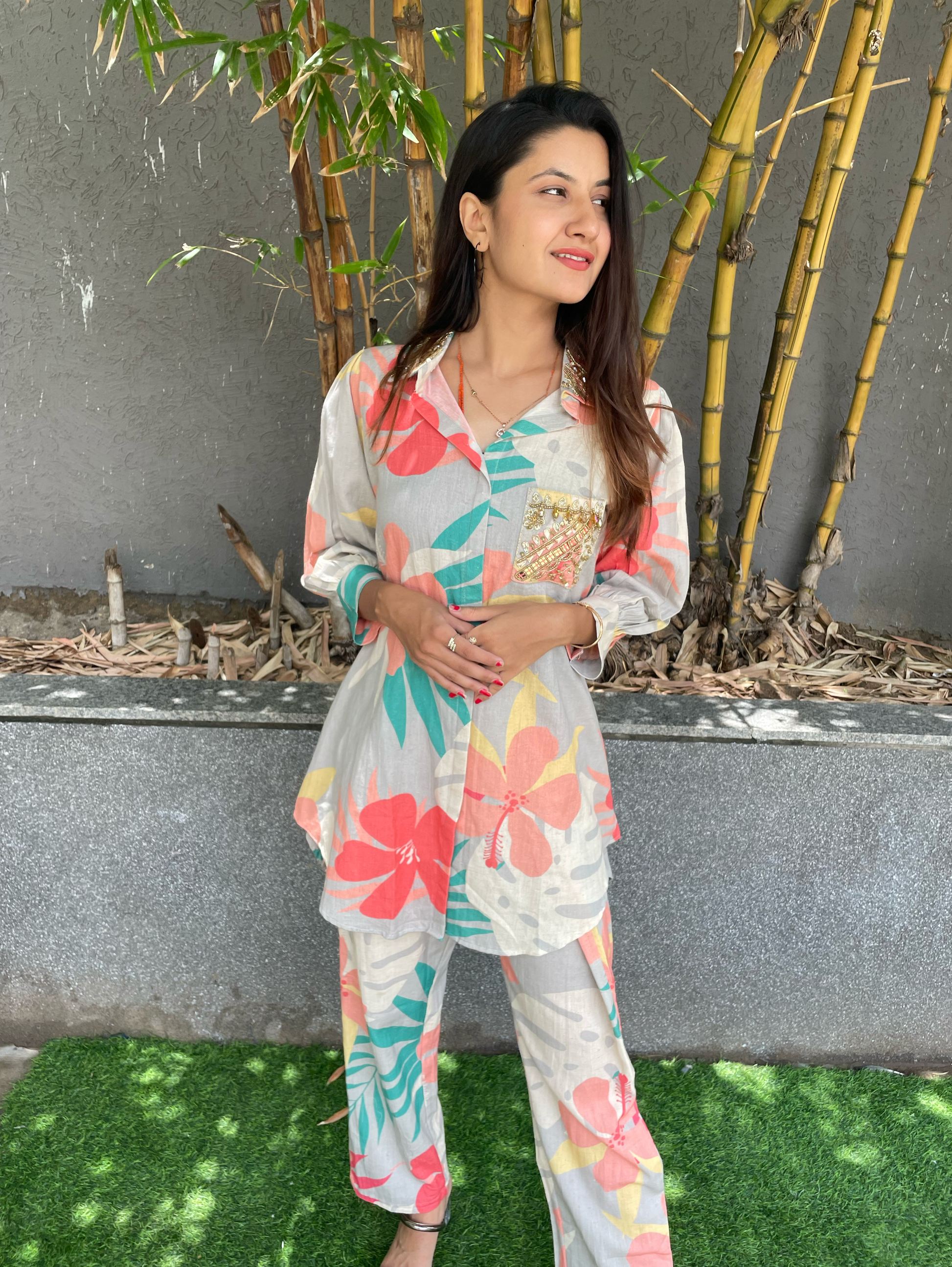Cotton Flower Print Hand work Coords