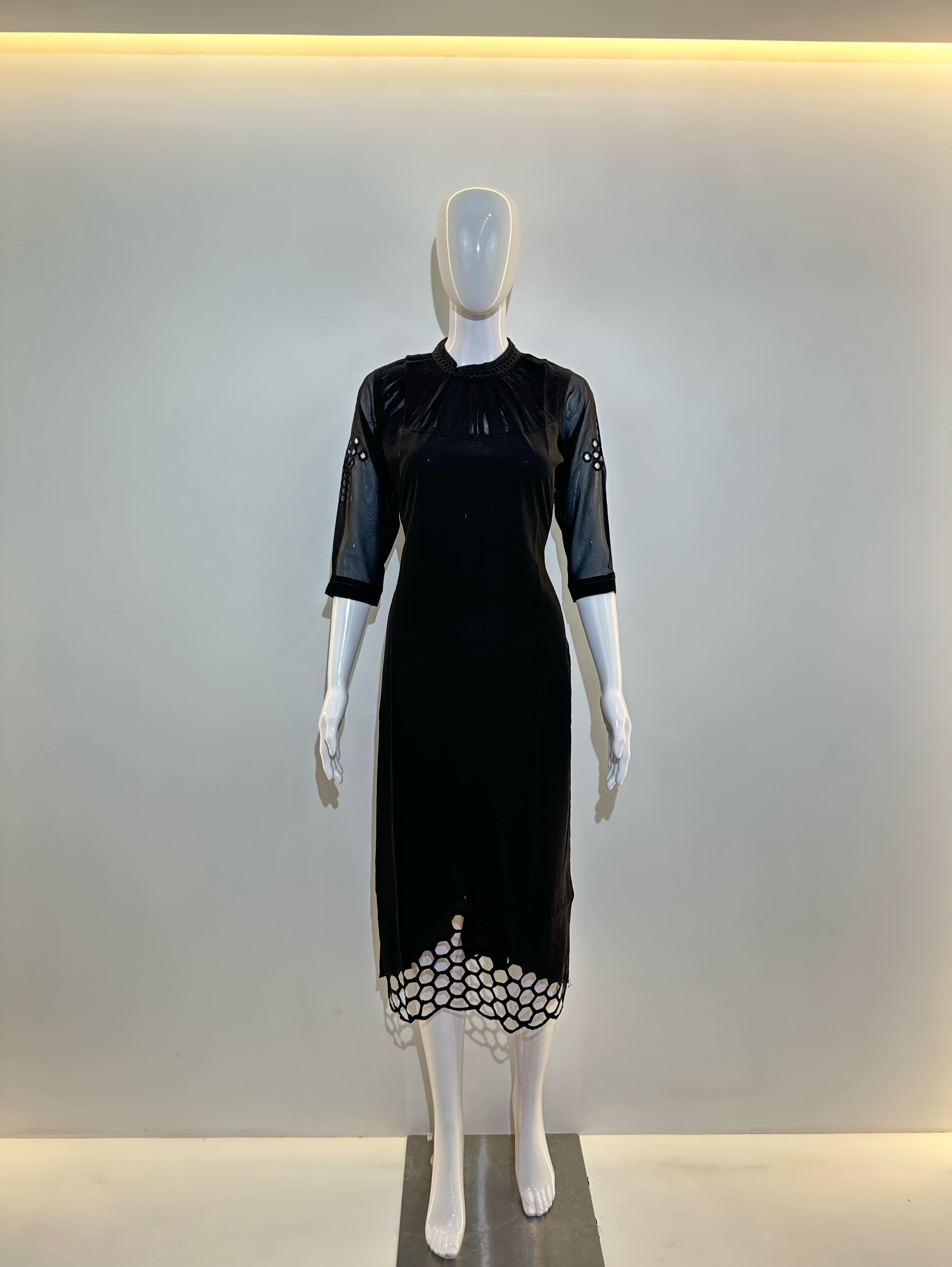 Image of Georgette Sleeve Daman Work Kurti - Black