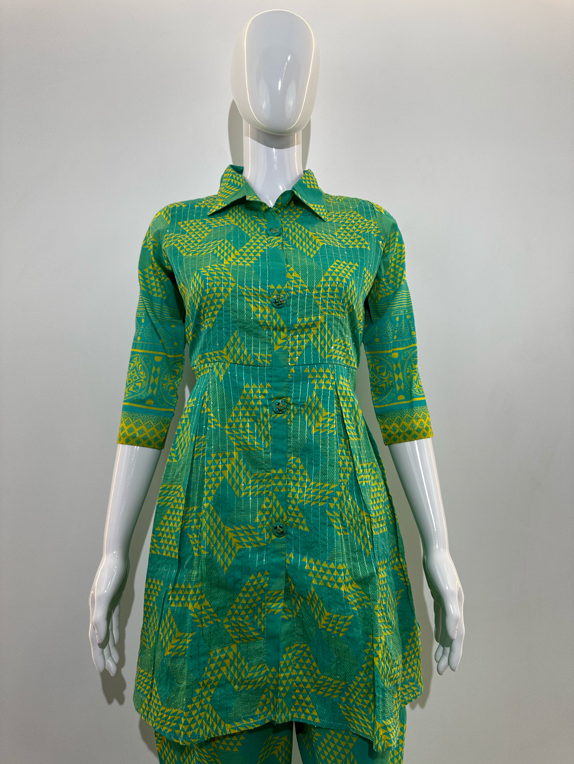 Green Pattern Embroidery Coord Set