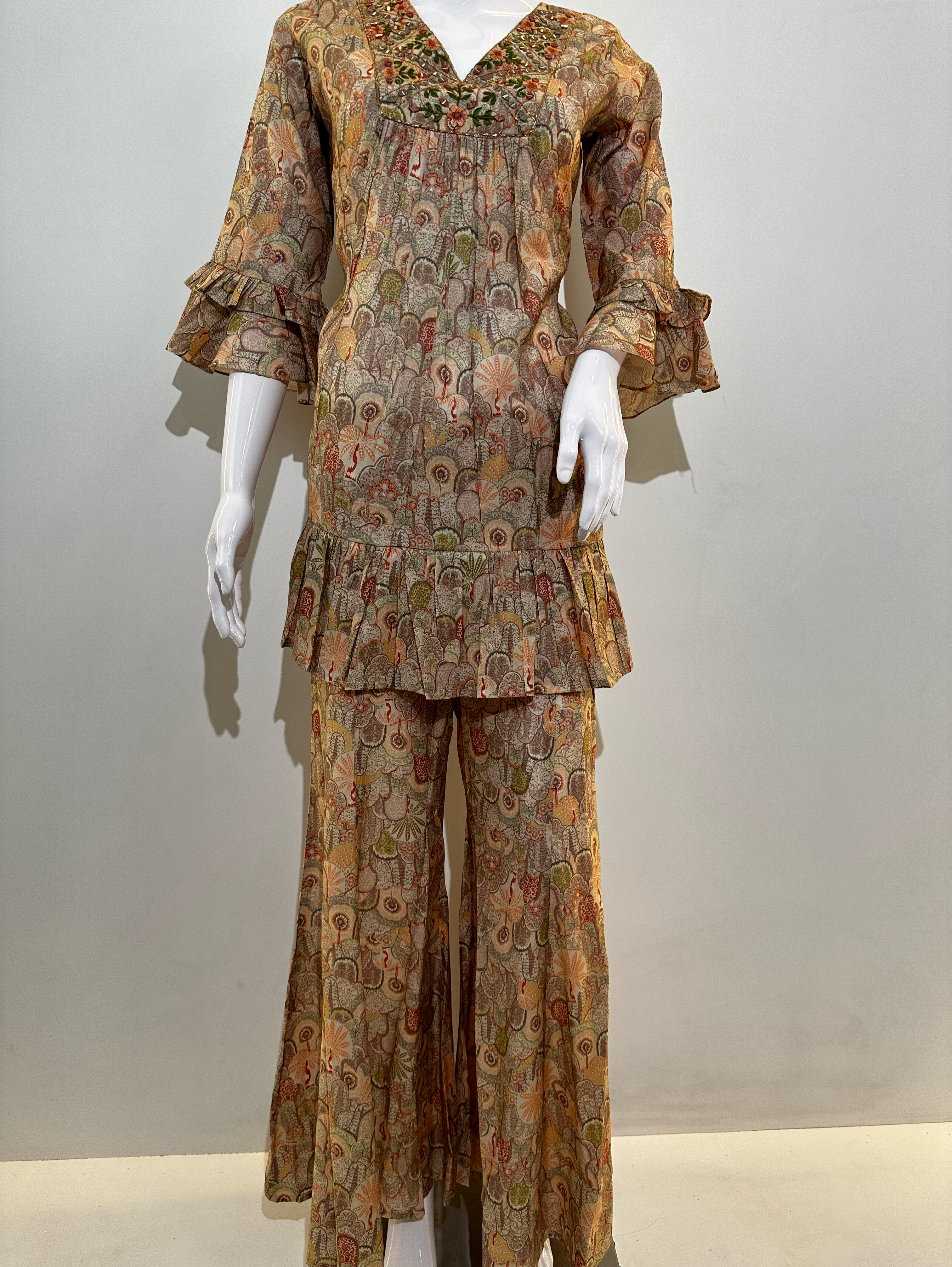 Image of Muslin Embroidery Bell Bottom Kurti Set