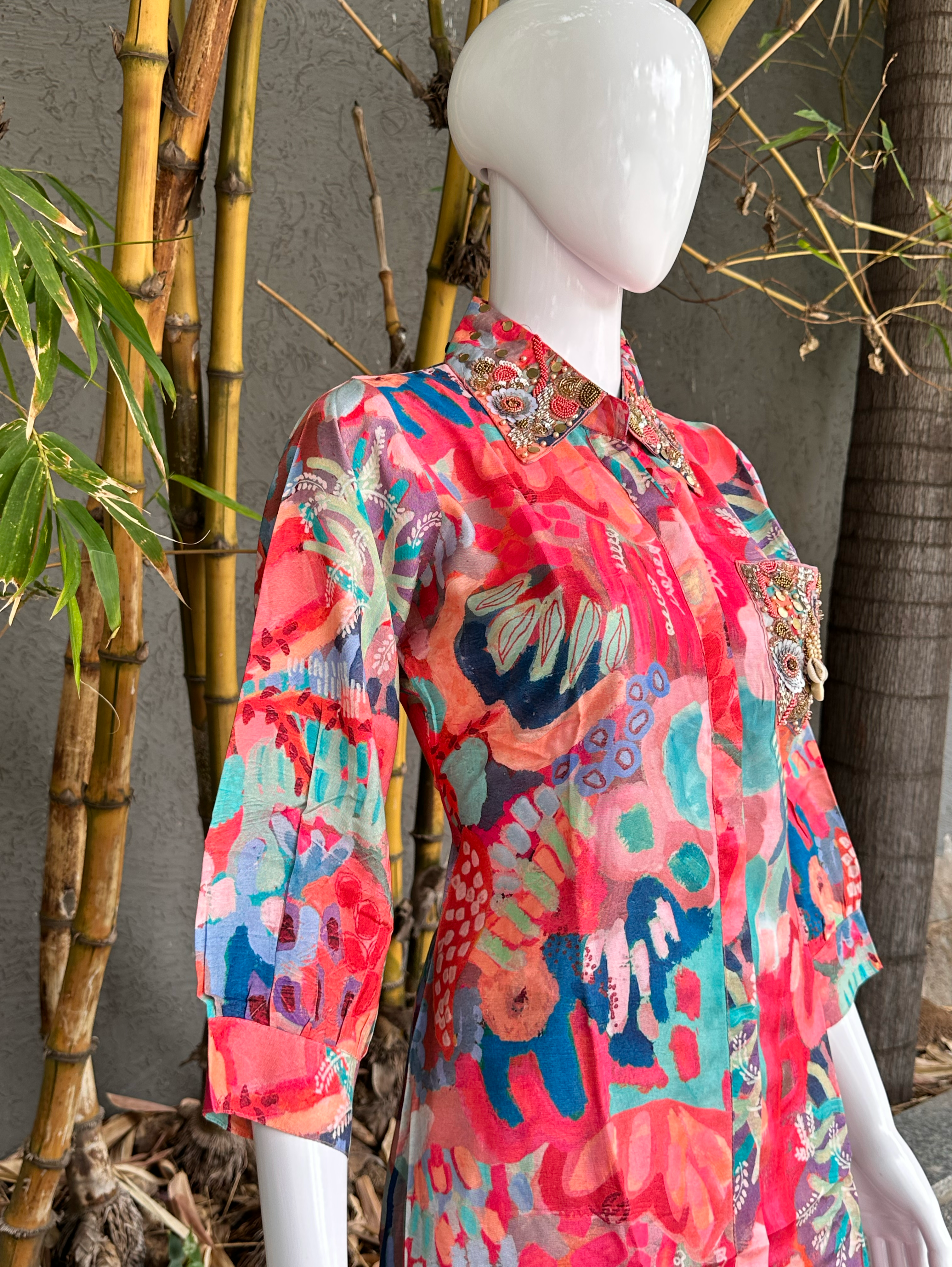 Muslin Coord Set with Collar & Pocket Hand Work