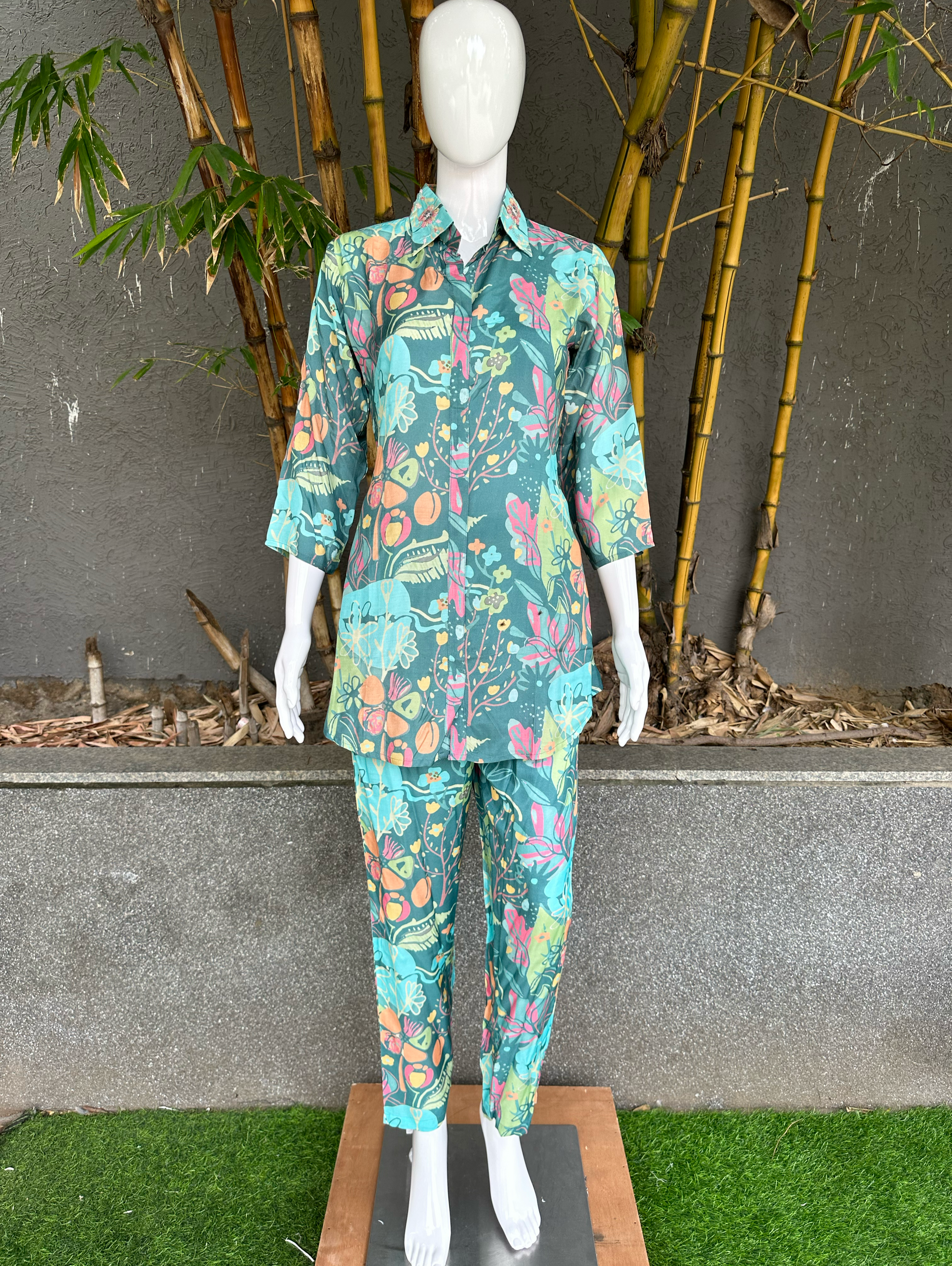 Muslin Collar Embroidery Coord Sets - Teal blue