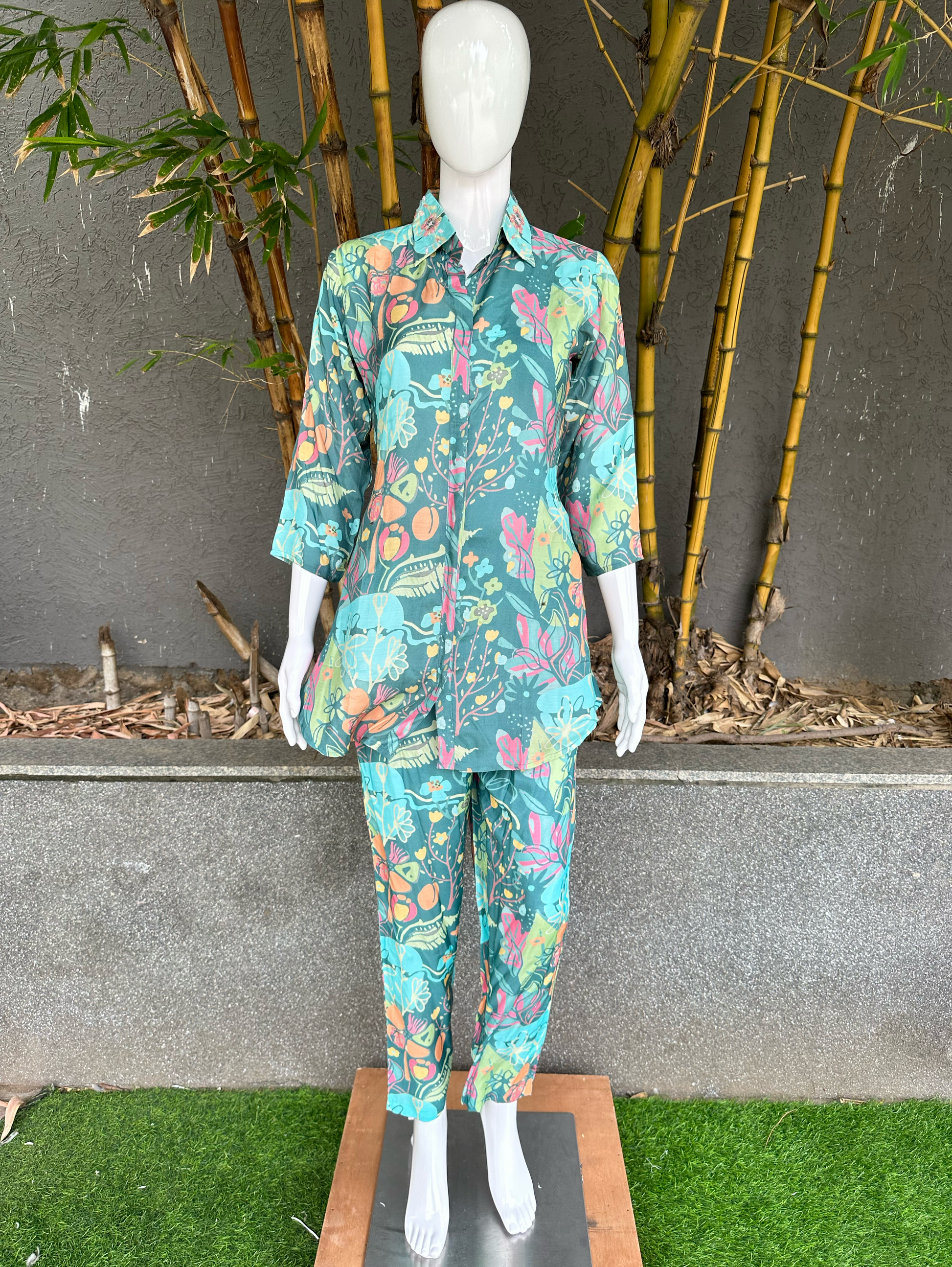 Muslin Collar Embroidery Coord Sets - Teal blue