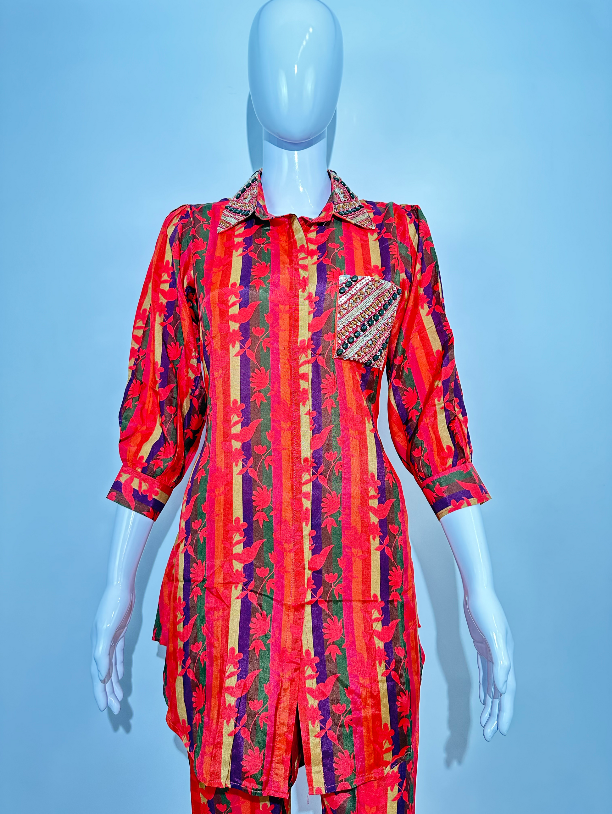 Muslin Flower Print Coords with Collar and Pocket work