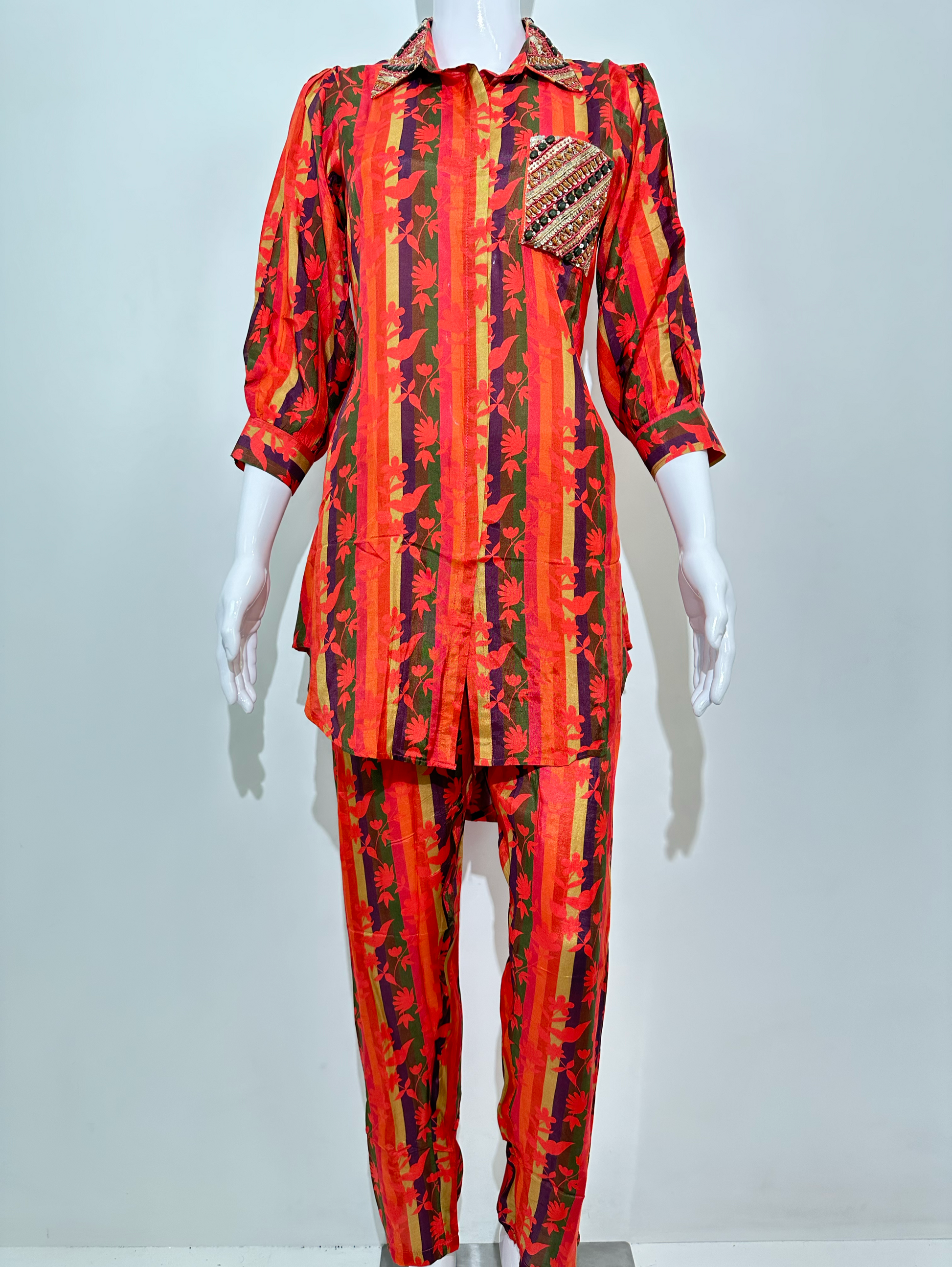 Muslin Flower Print Coords with Collar and Pocket work