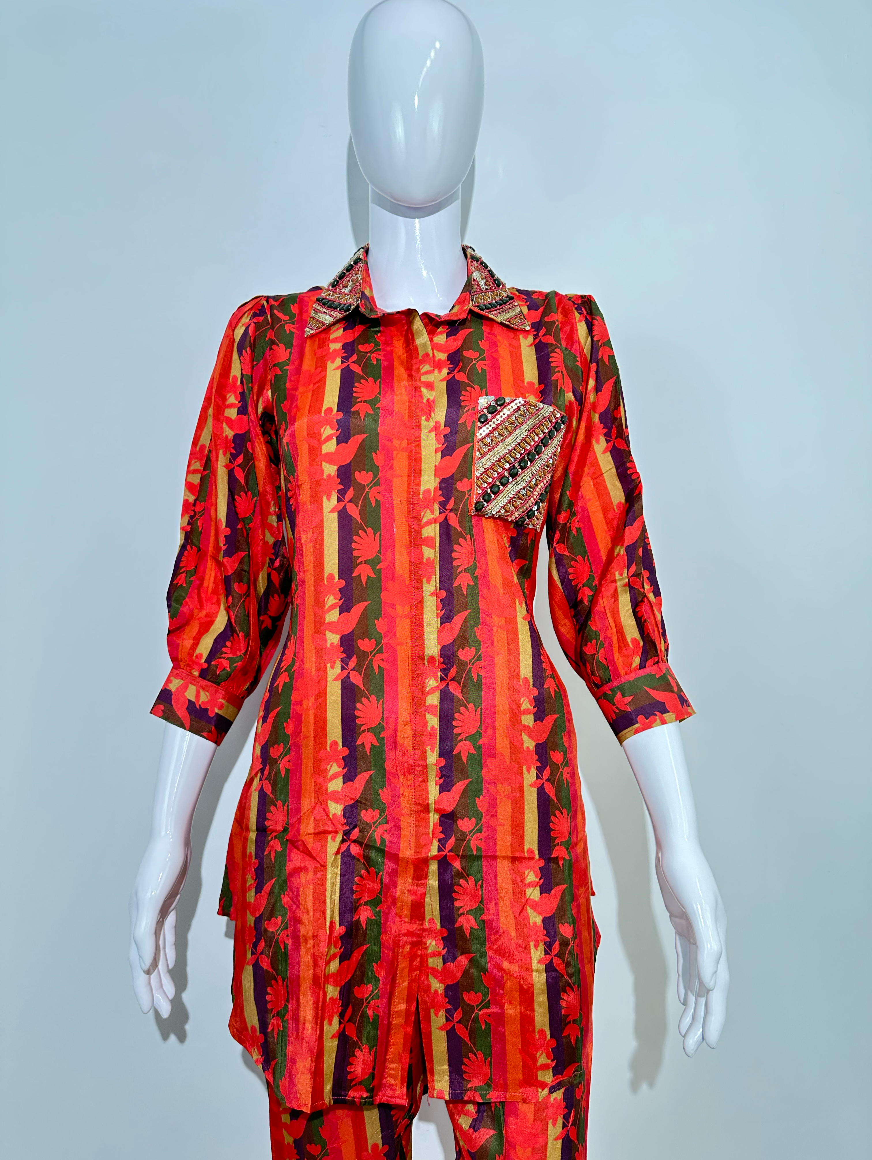 Muslin Flower Print Coords with Collar and Pocket work