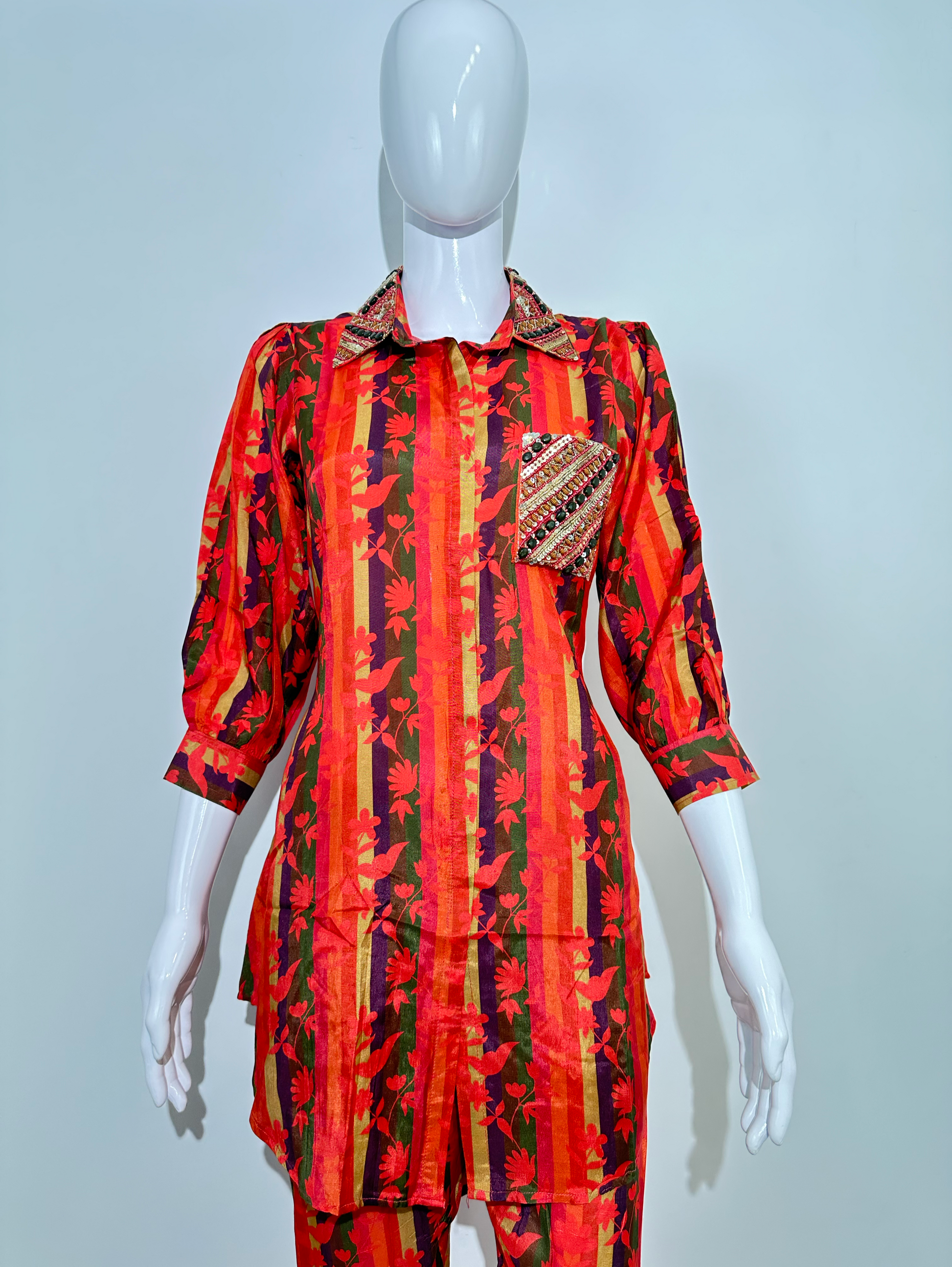 Muslin Flower Print Coords with Collar and Pocket work