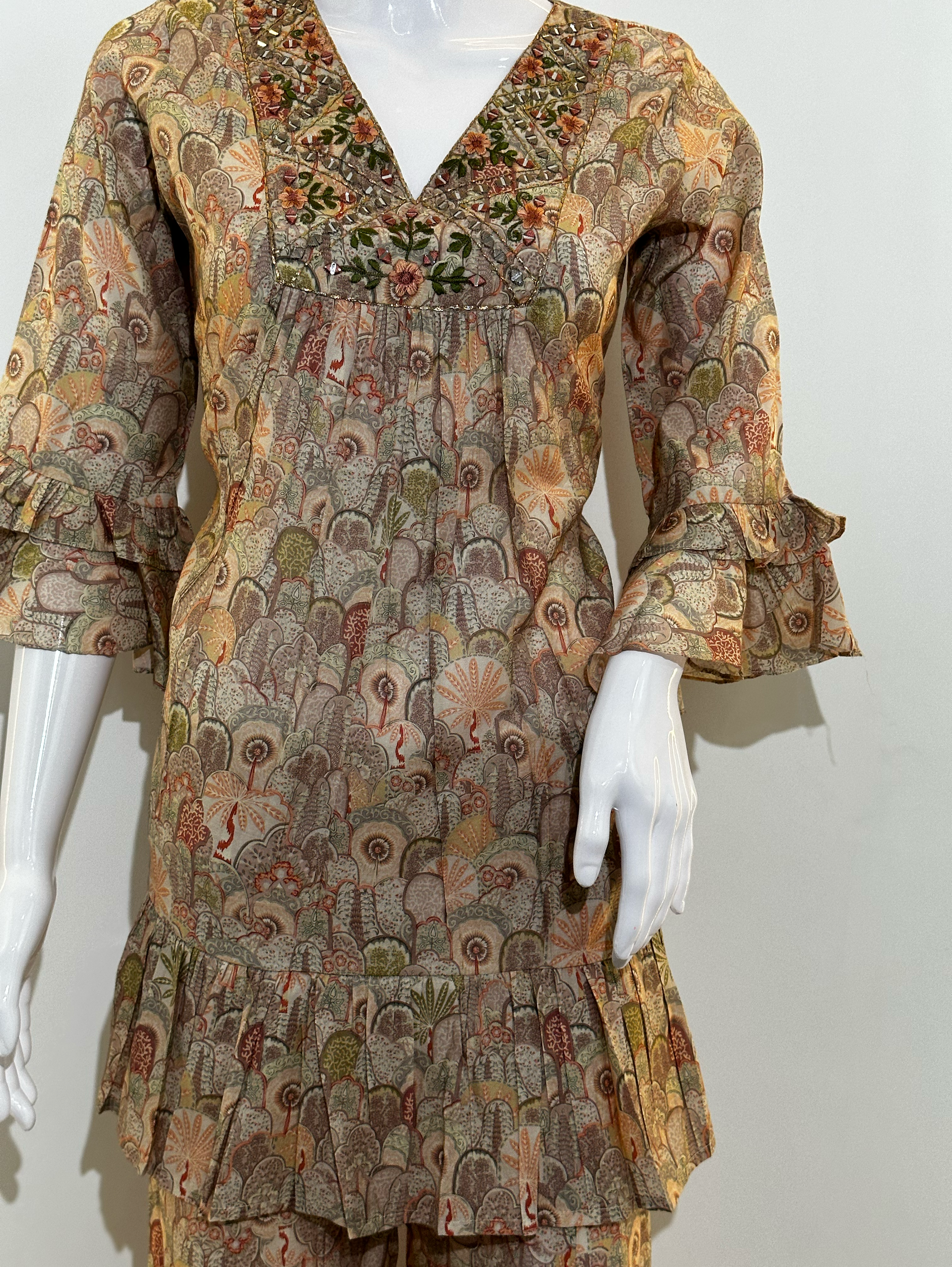 Image of Muslin Embroidery Bell Bottom Kurti Set