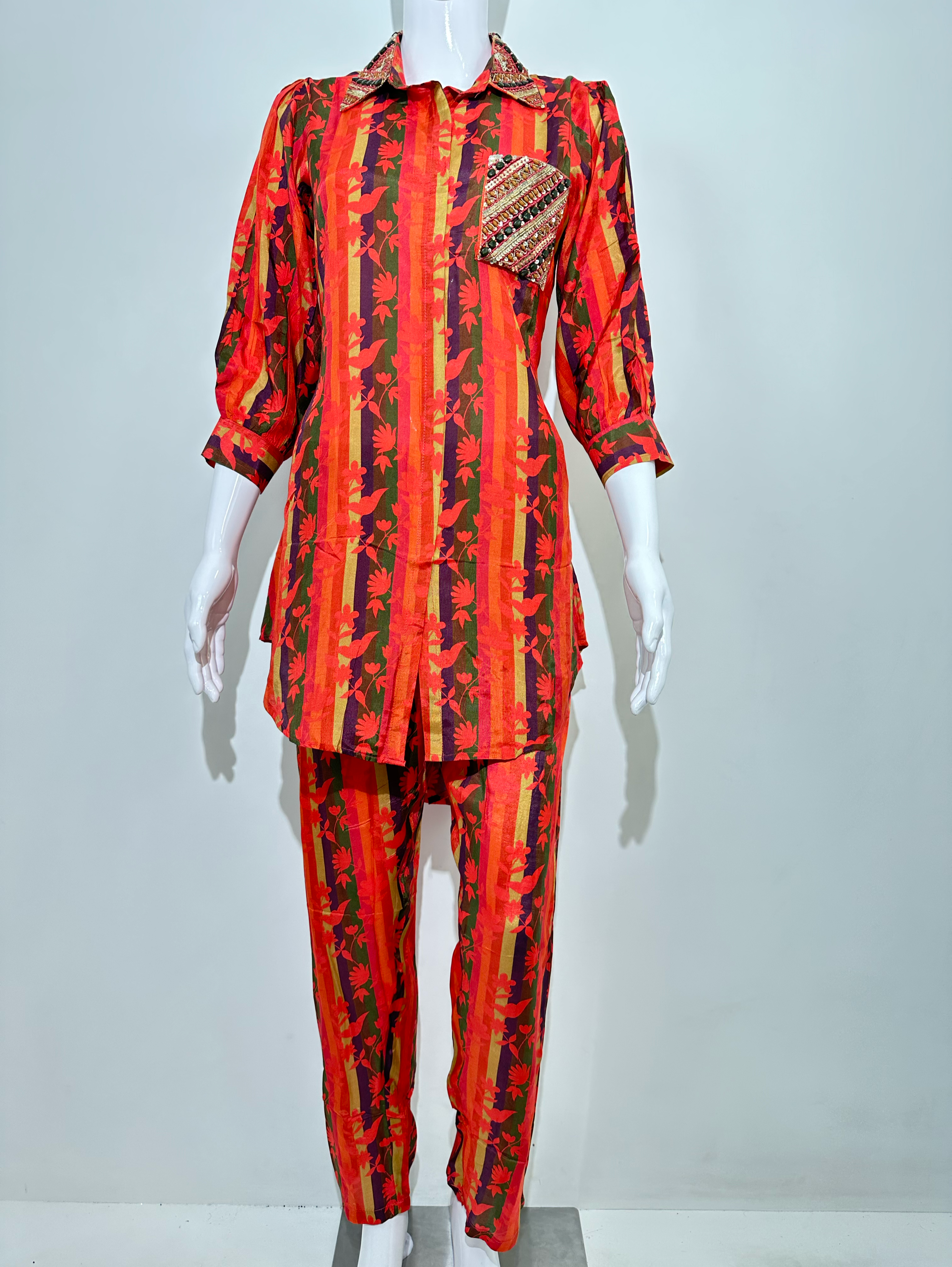 Muslin Flower Print Coords with Collar and Pocket work