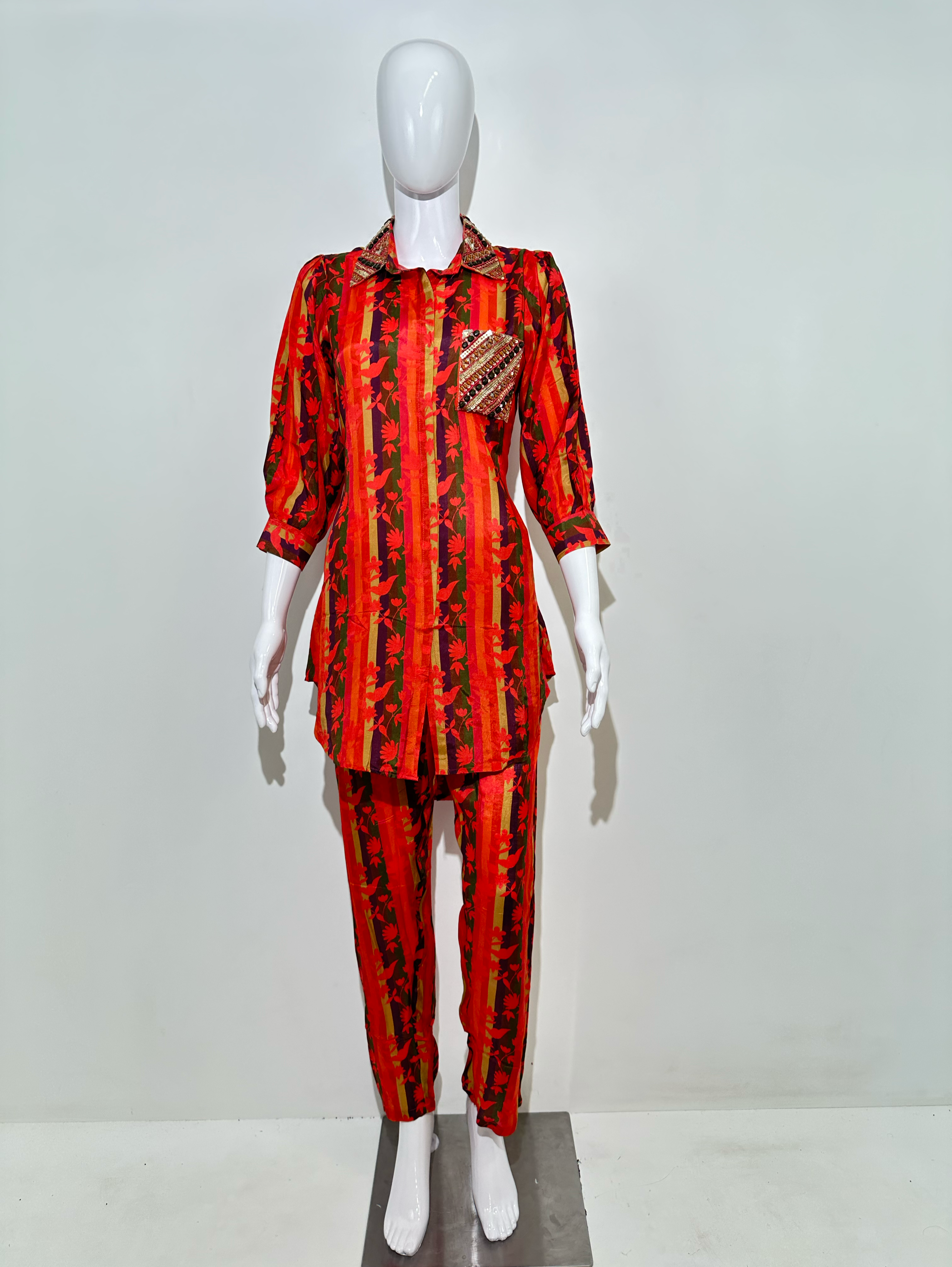 Muslin Flower Print Coords with Collar and Pocket work