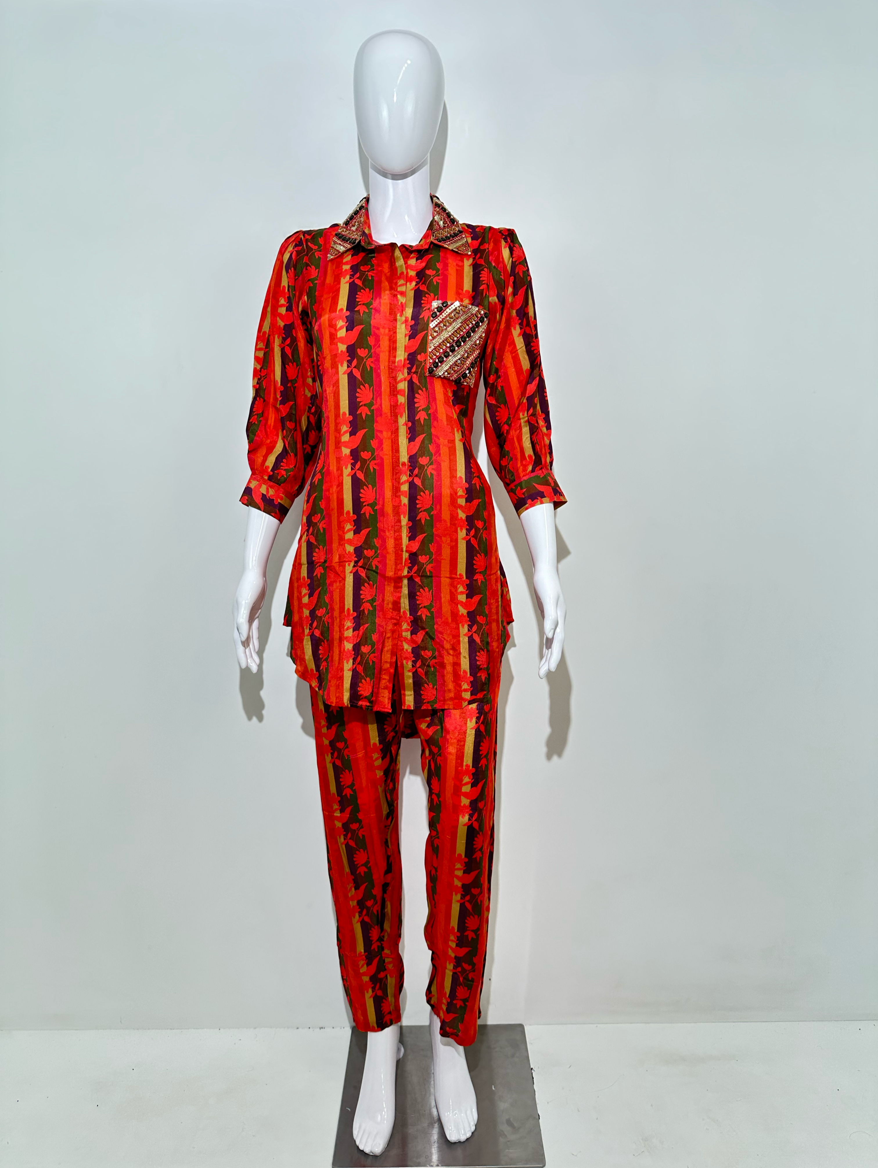 Muslin Flower Print Coords with Collar and Pocket work