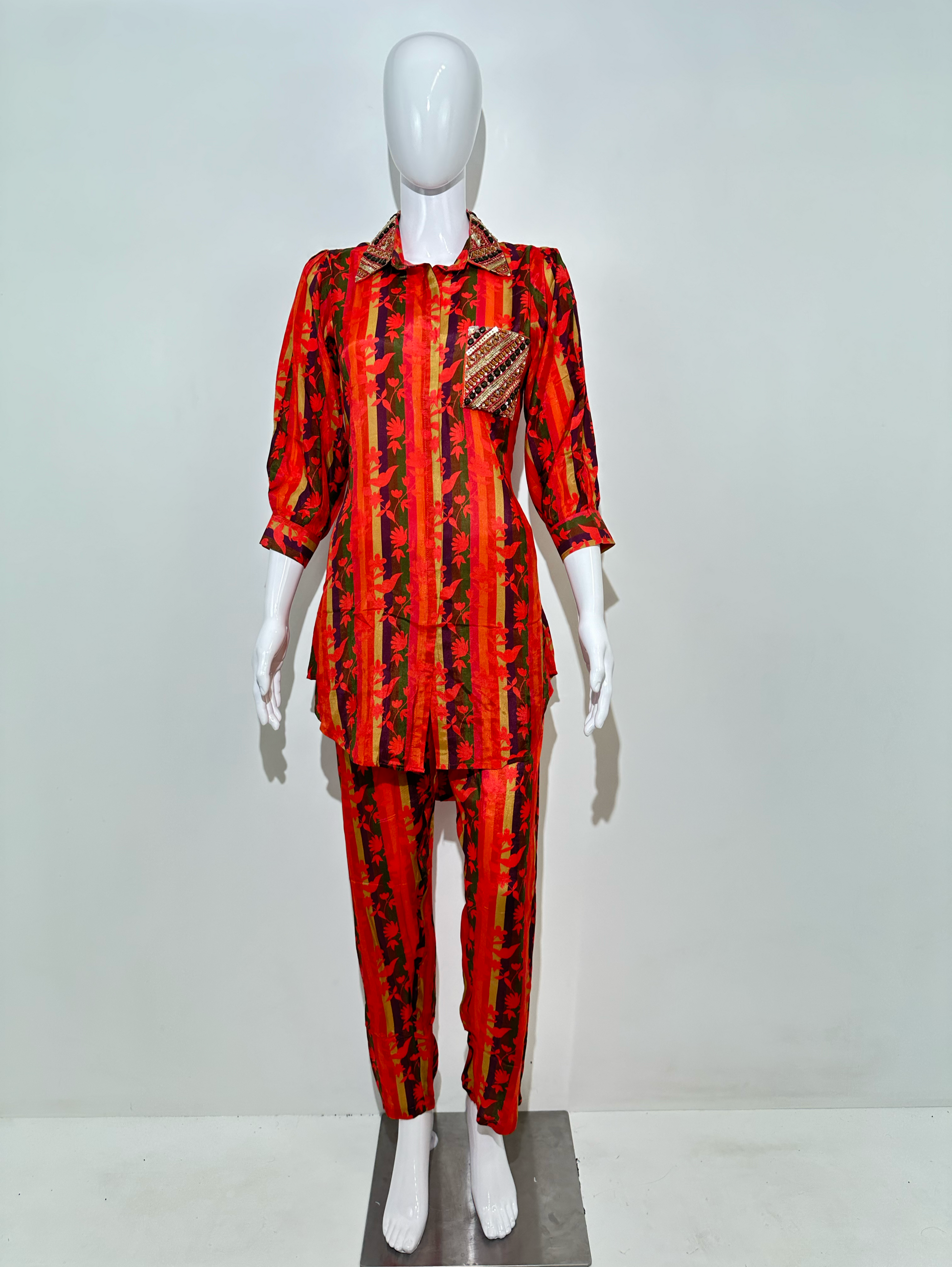 Muslin Flower Print Coords with Collar and Pocket work