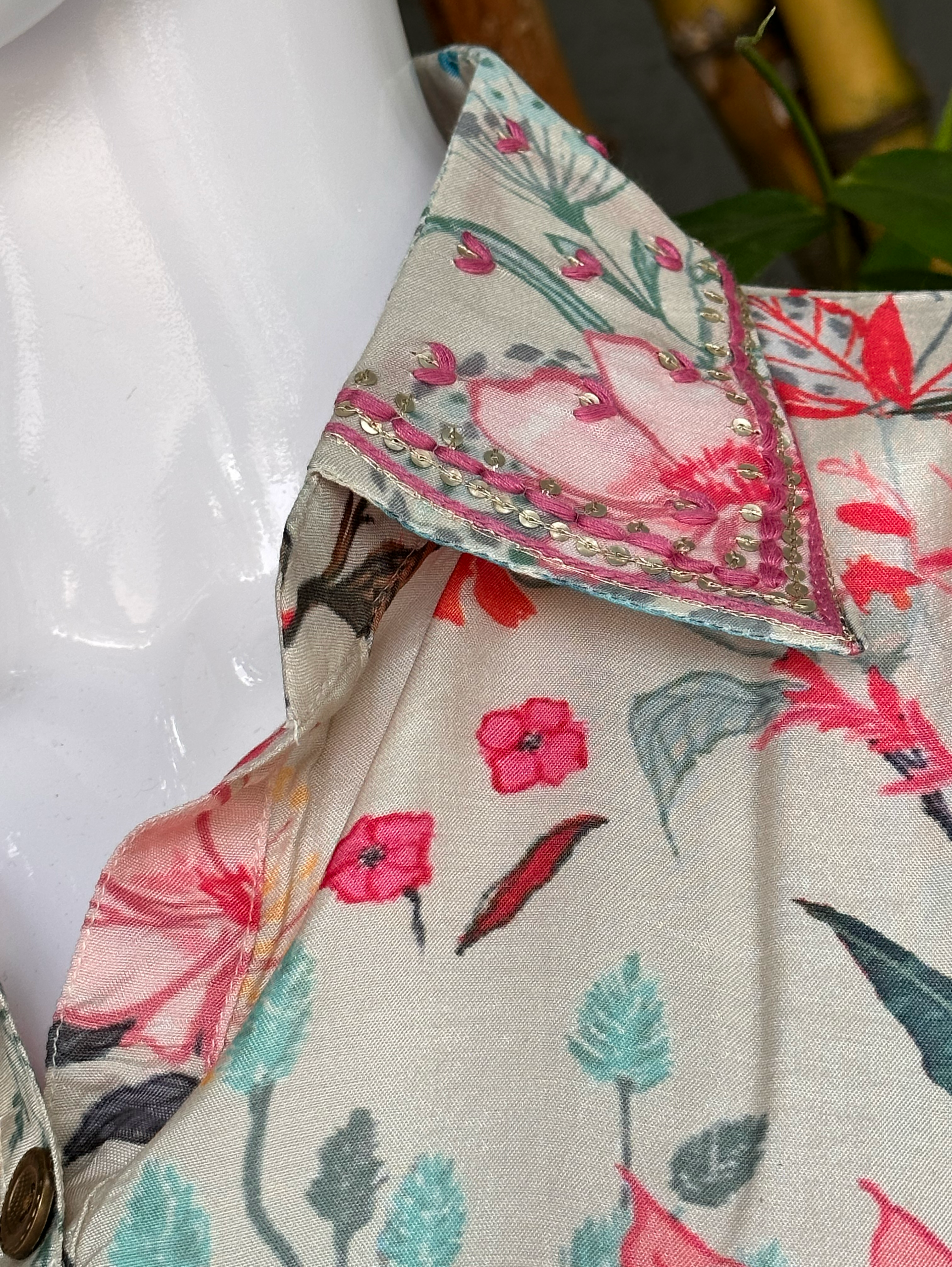 Image of Muslin Flower Print Coord Set with Hand work