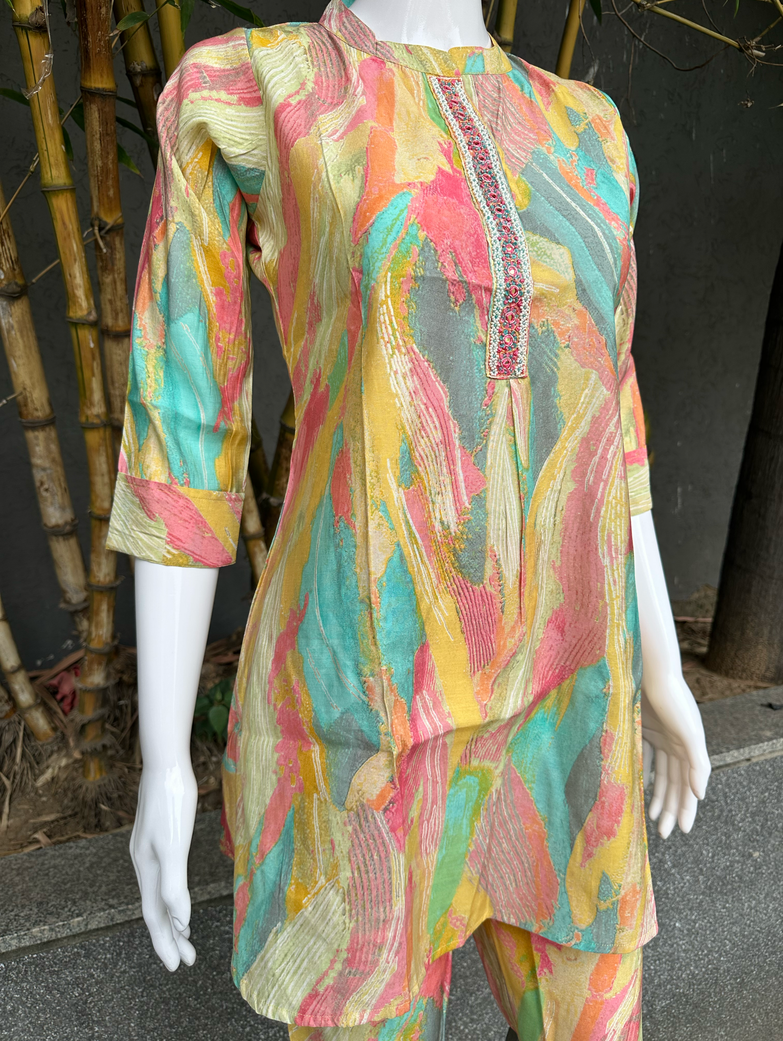 Image of Muslin Stand Patti work Coords