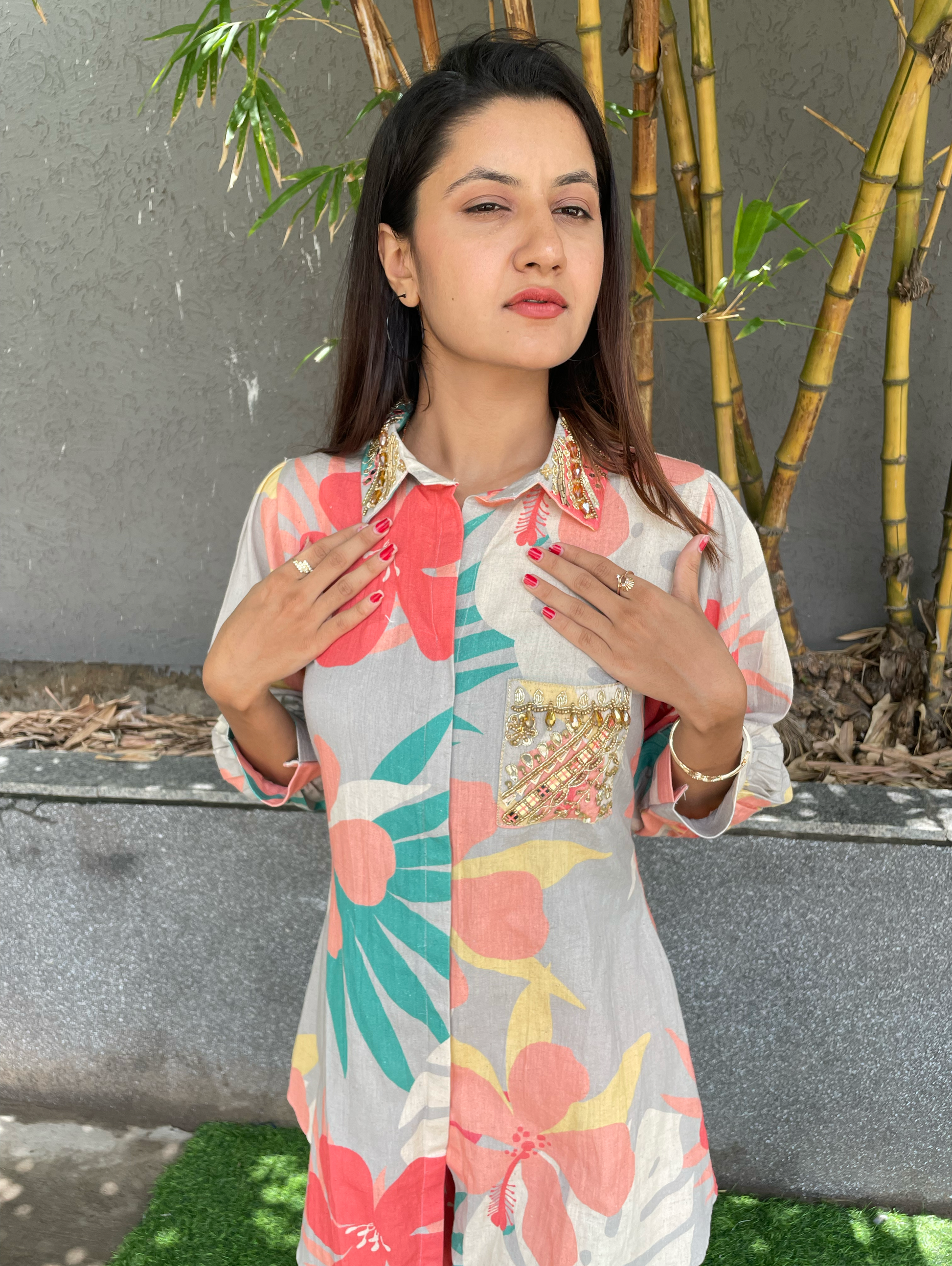 Cotton Flower Print Hand work Coords