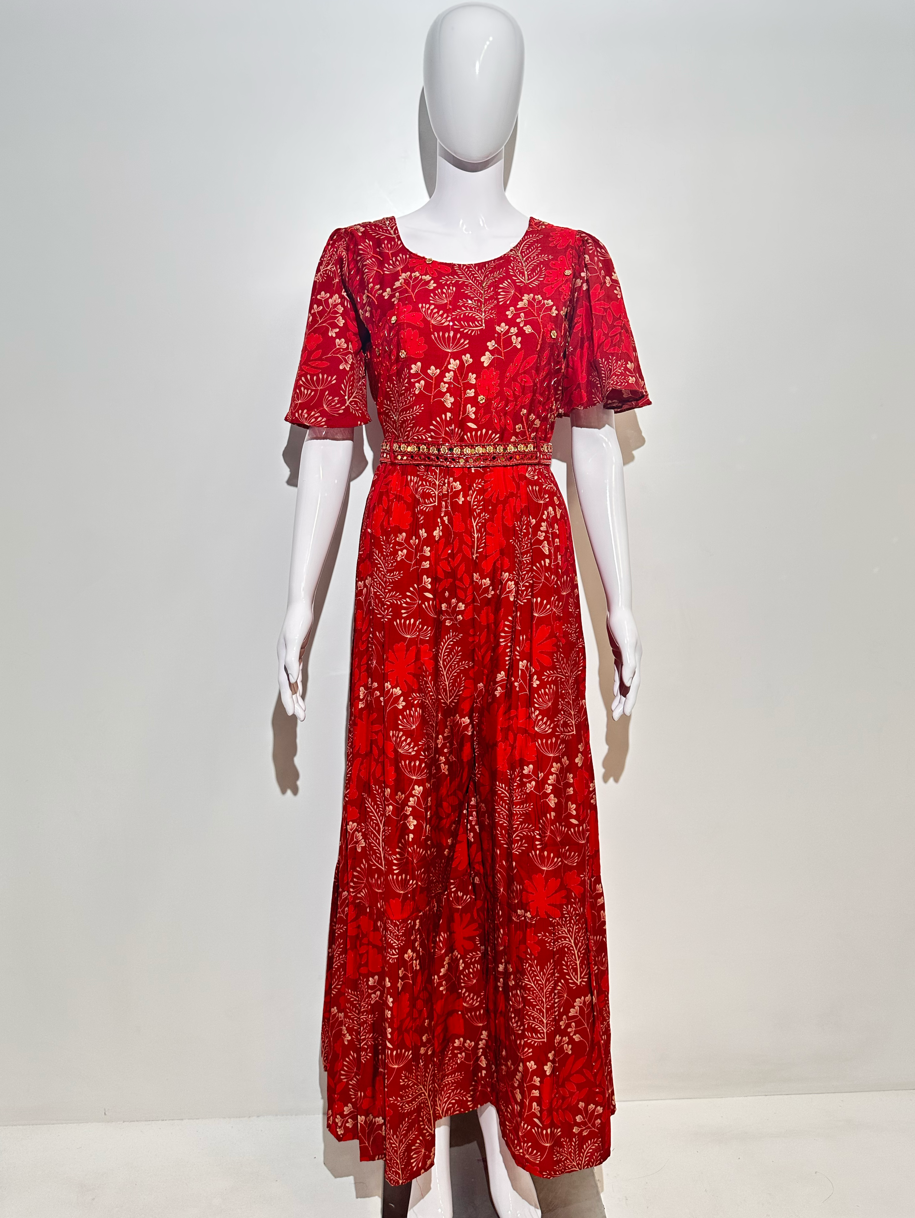 Red Muslin Jumpsuit with Sequence work