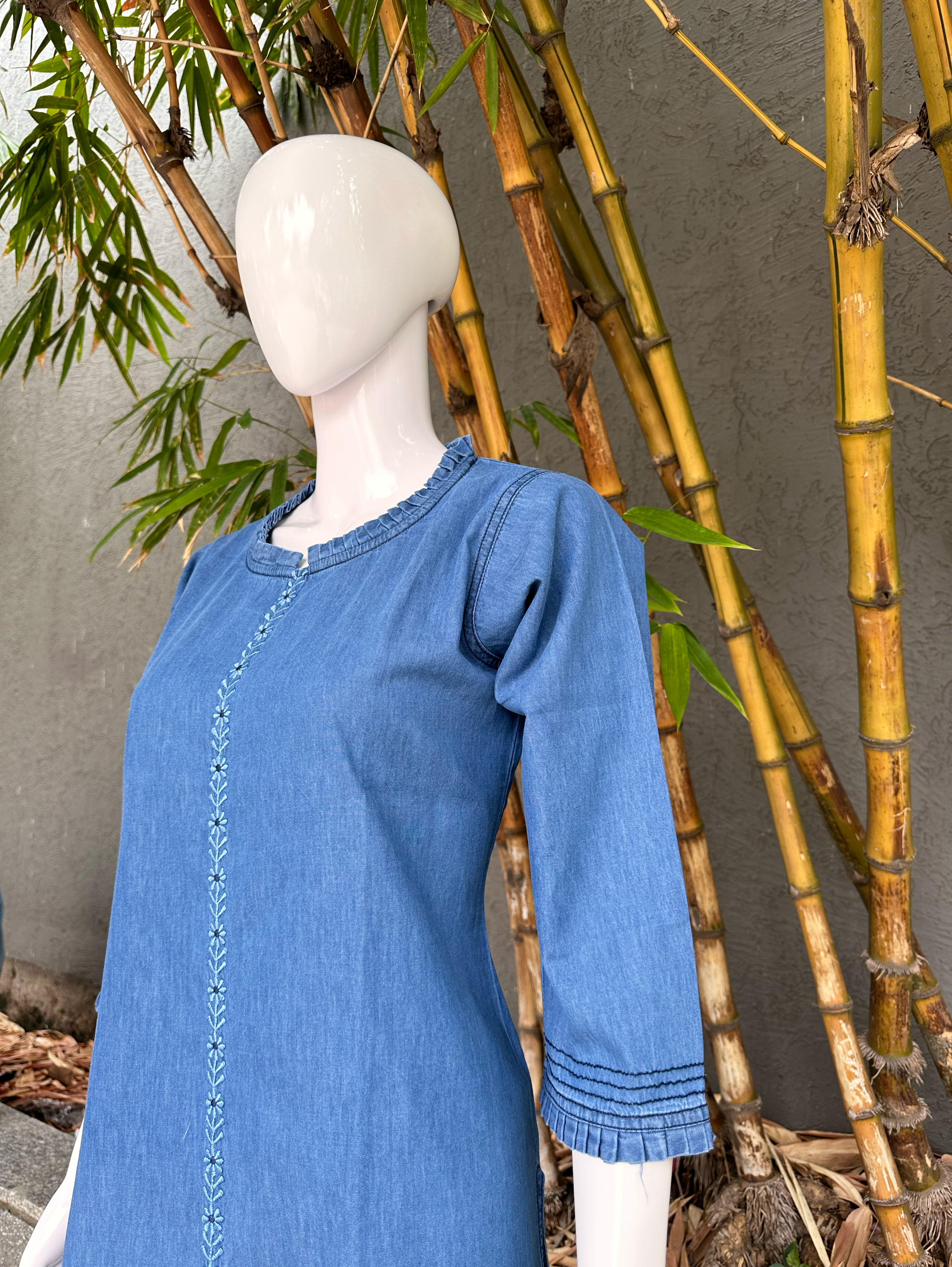 Image of Denim Dress with Embroidery and Unique Cuts