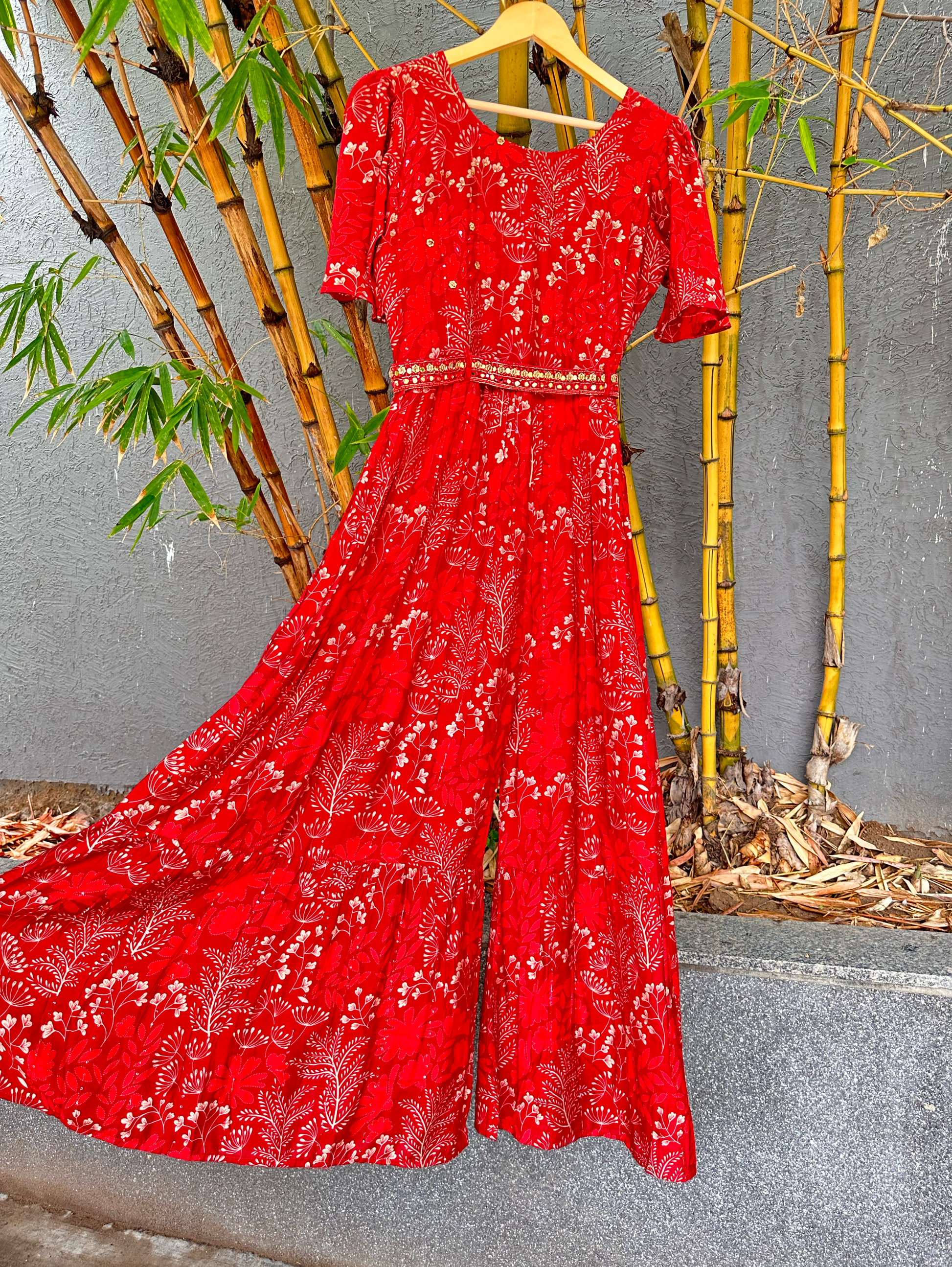 Red Muslin Jumpsuit with Sequence work