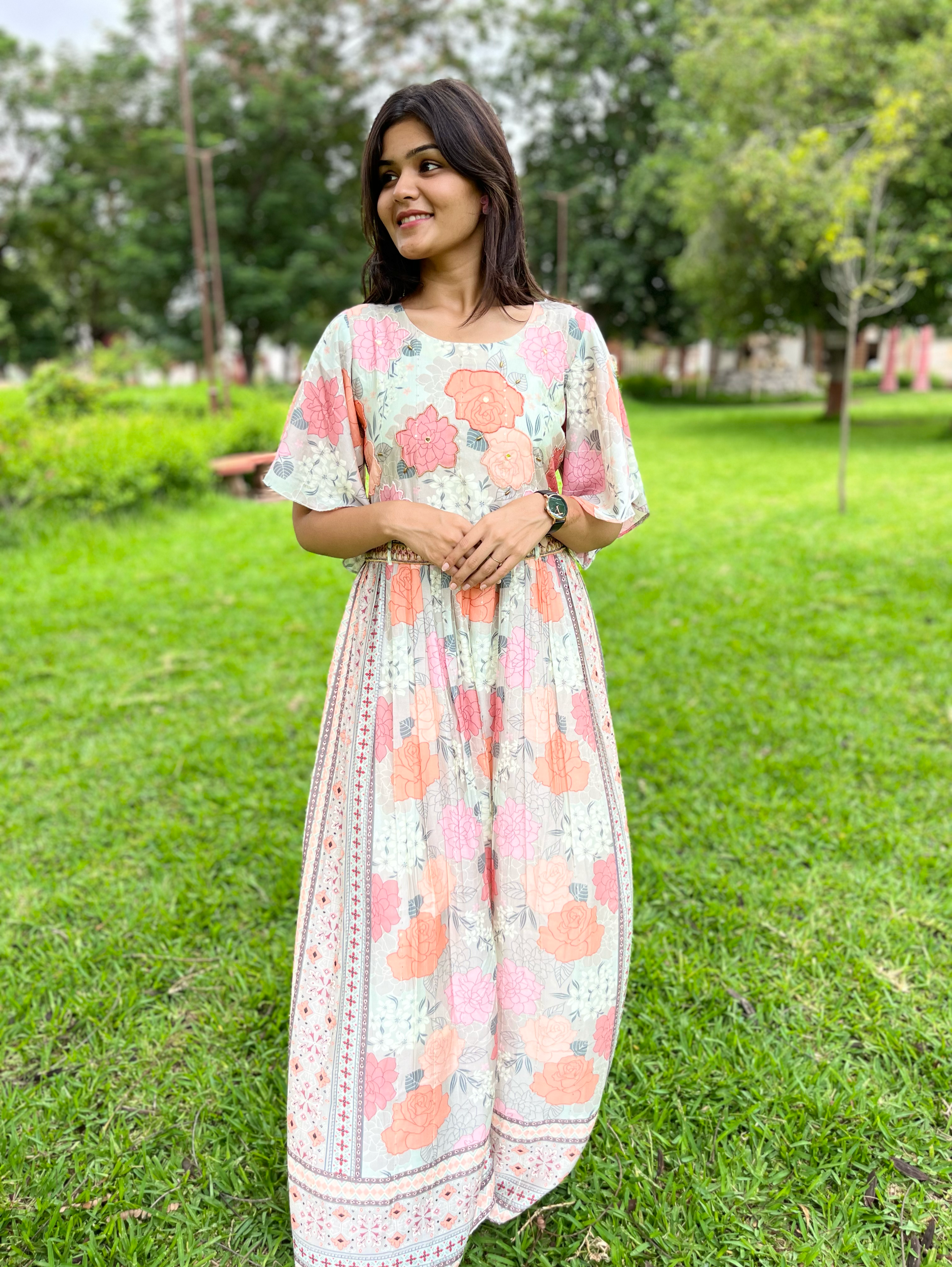 Image of Big Flower Muslin Jumpsuit with Sequence work