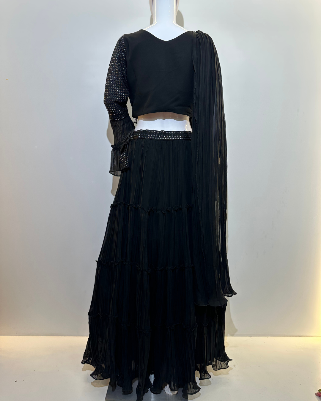 Black Georgette Crop Top Dress- 2 Piece