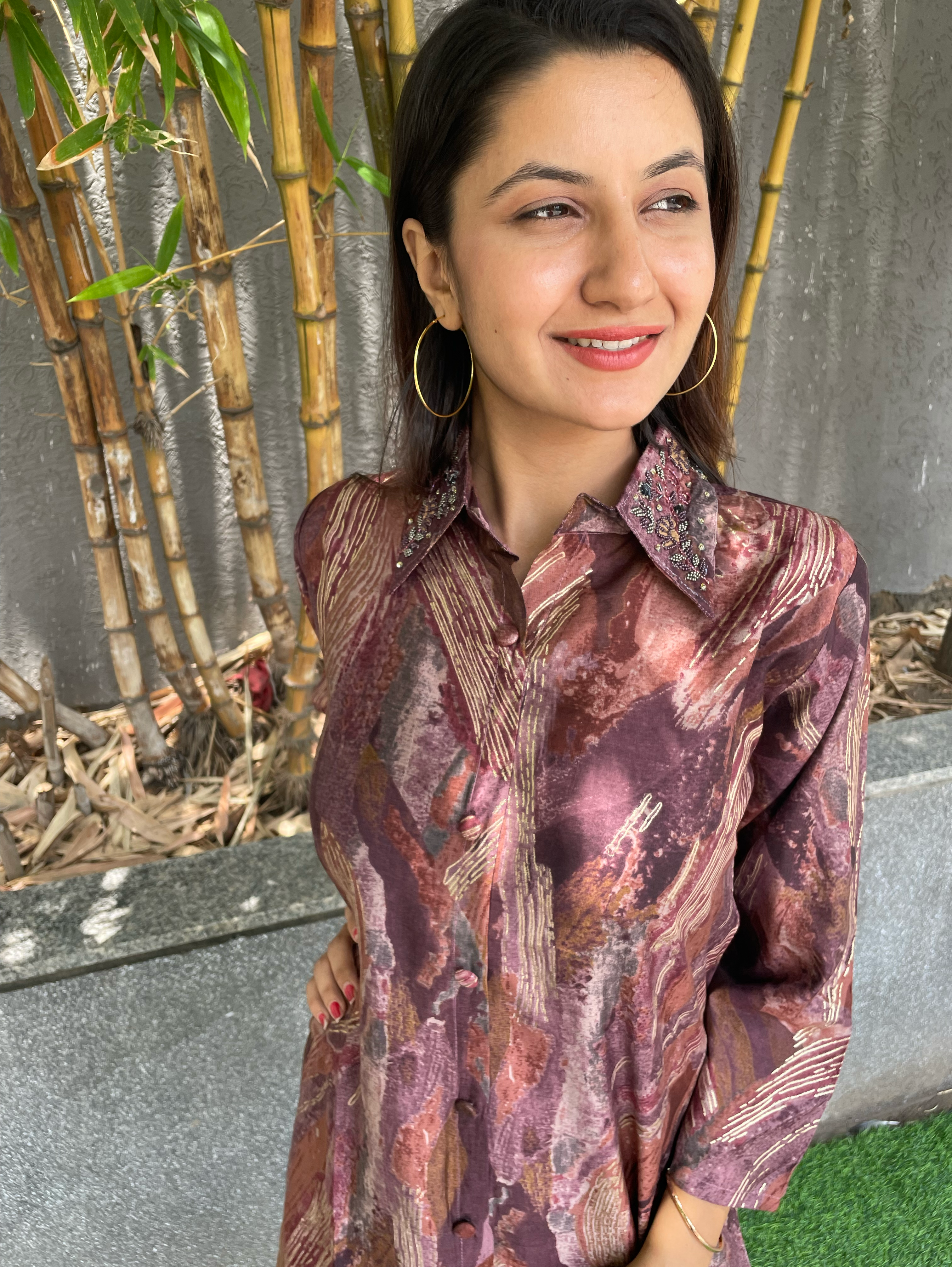 Image of Muslin Coords with Embroidery work - Brown