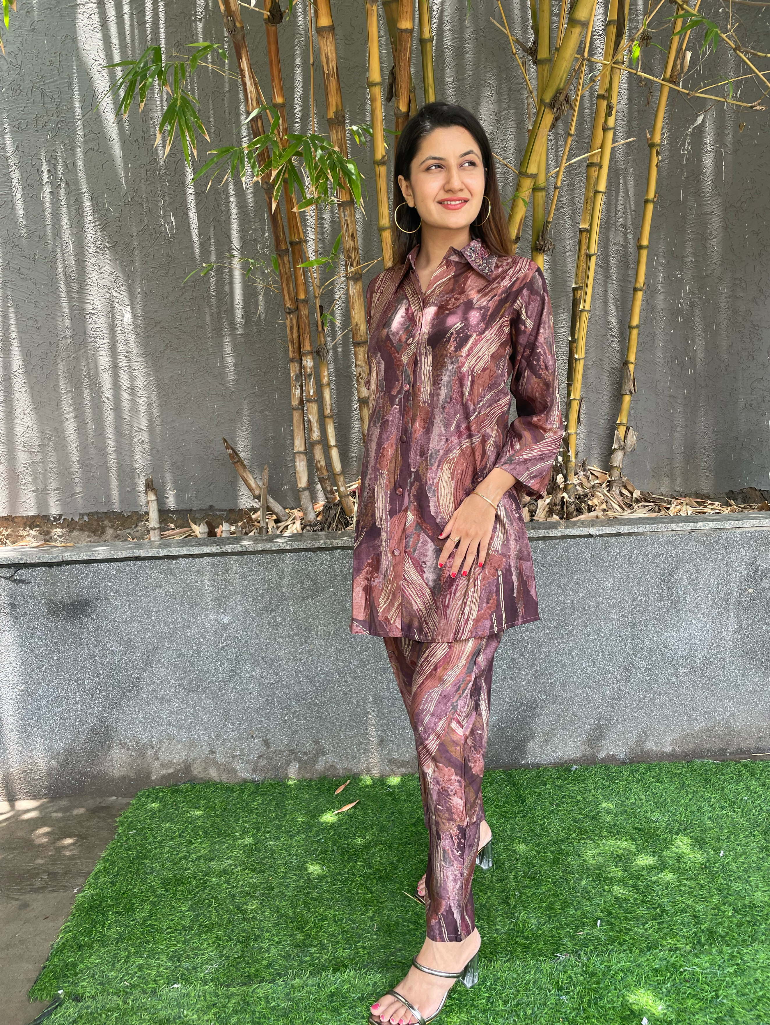 Image of Muslin Coords with Embroidery work - Brown