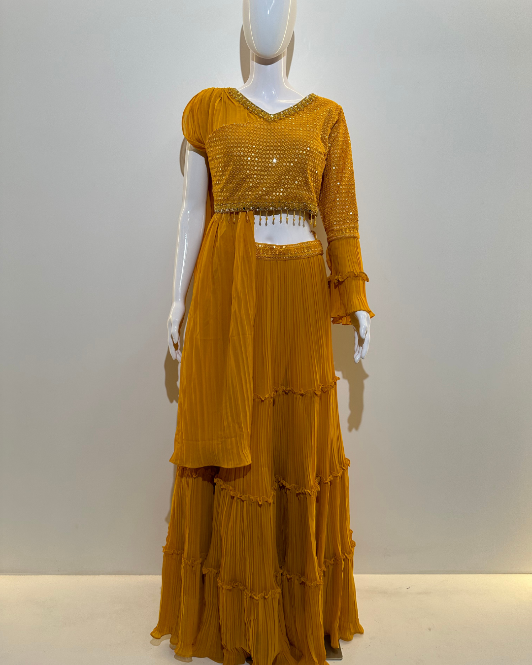 Yellow Georgette Crop Top Dress- 2 Piece