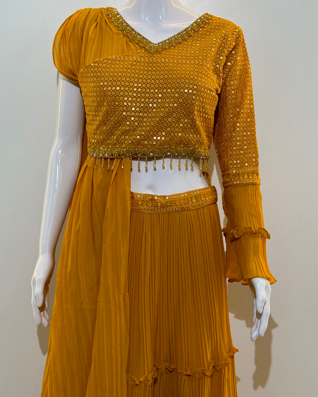 Yellow Georgette Crop Top Dress- 2 Piece