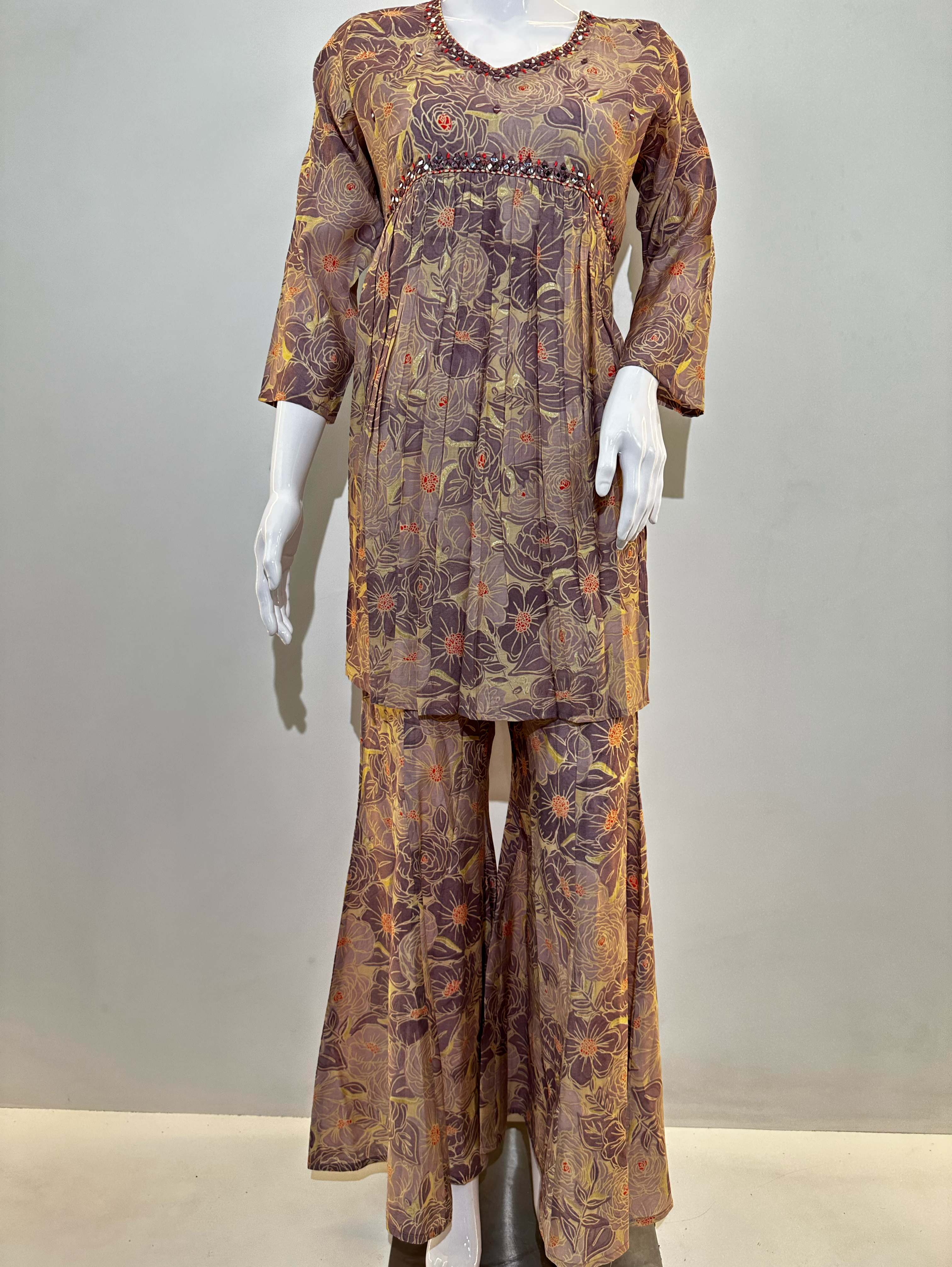 Image of Muslin Embroidery Bell Bottom Kurti Set