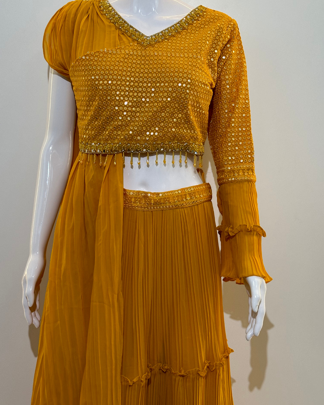 Yellow Georgette Crop Top Dress- 2 Piece