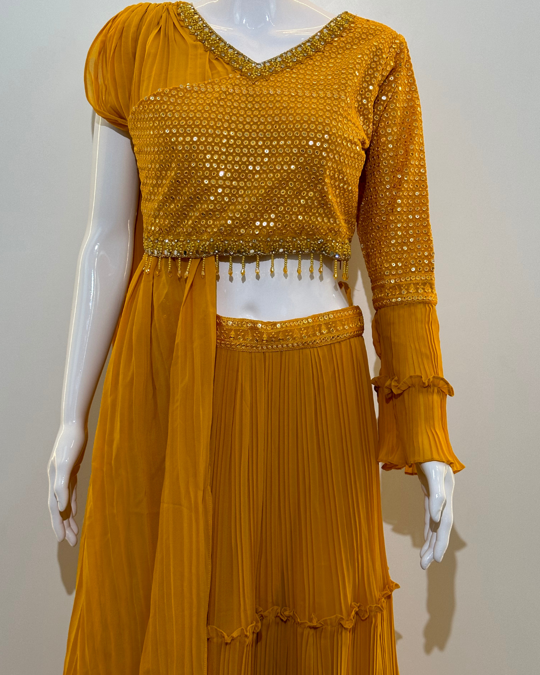 Yellow Georgette Crop Top Dress- 2 Piece