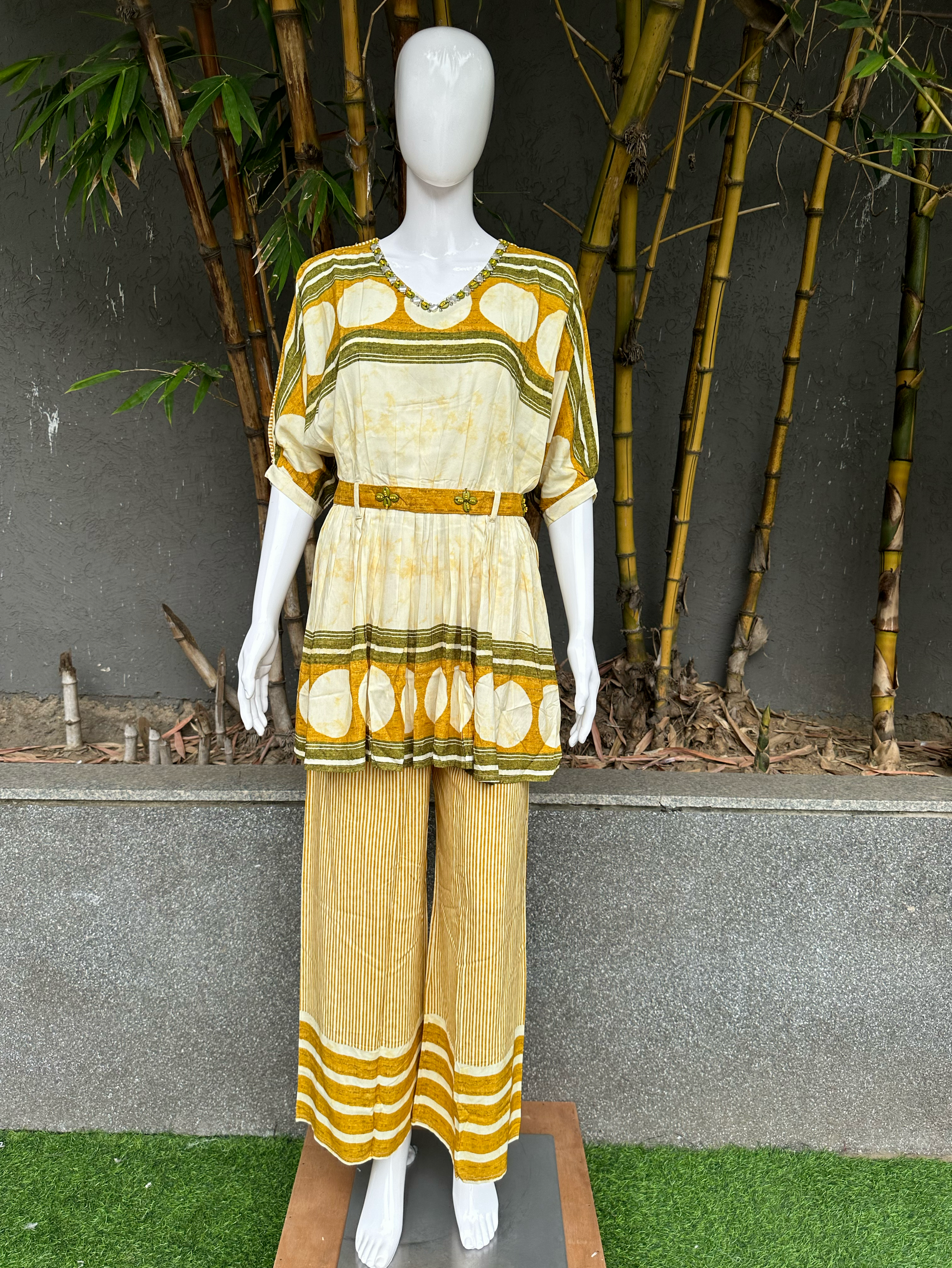 Rayon V Neck Embroidery with Belt Coords