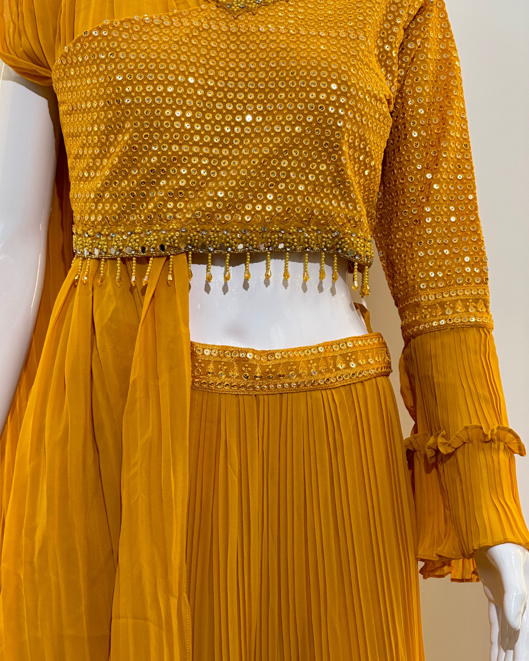 Image of Yellow Georgette Crop Top Dress- 2 Piece
