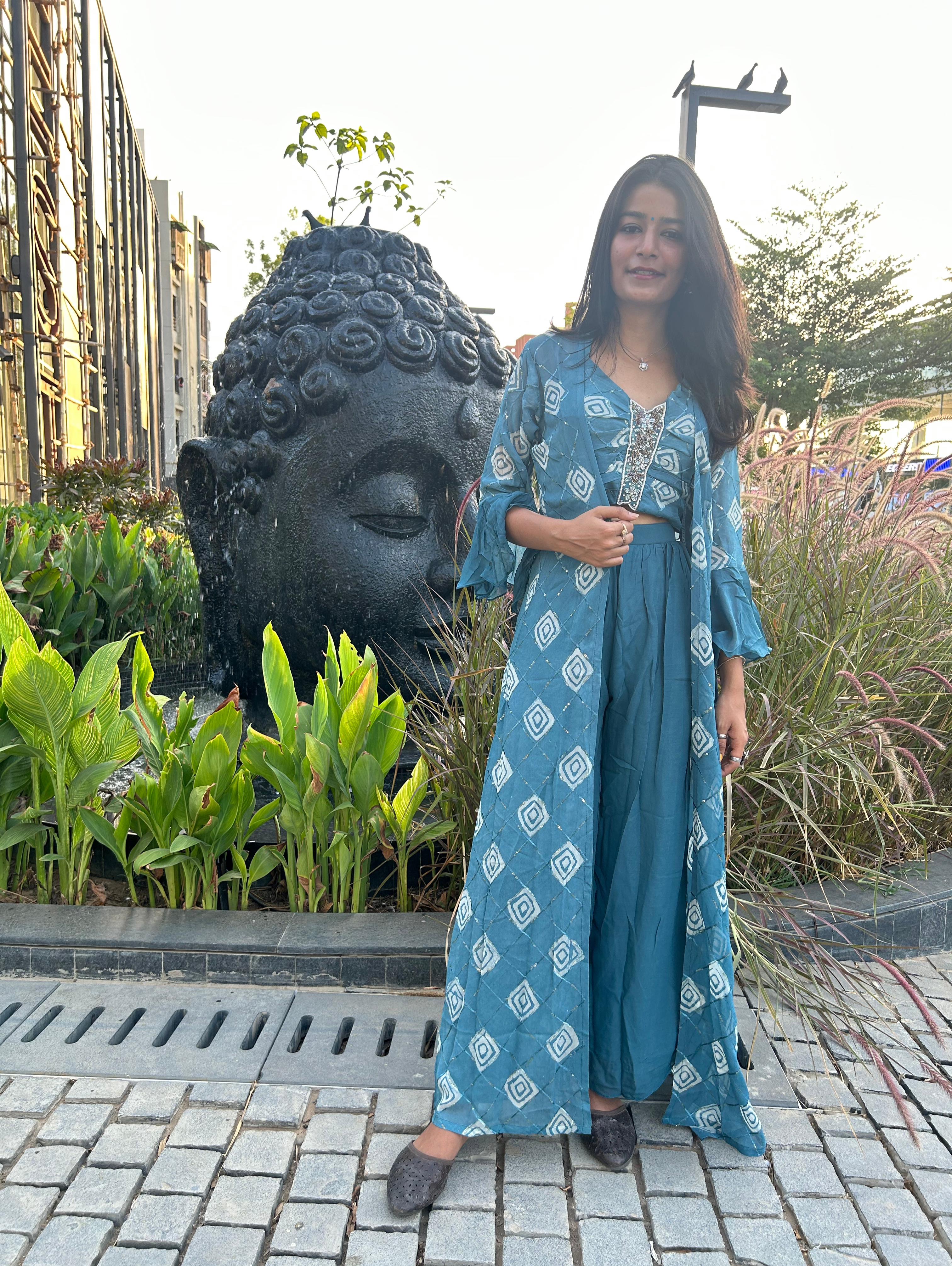 Image of Broad Palazzo Set with work and Separate Shrug - 3 Piece