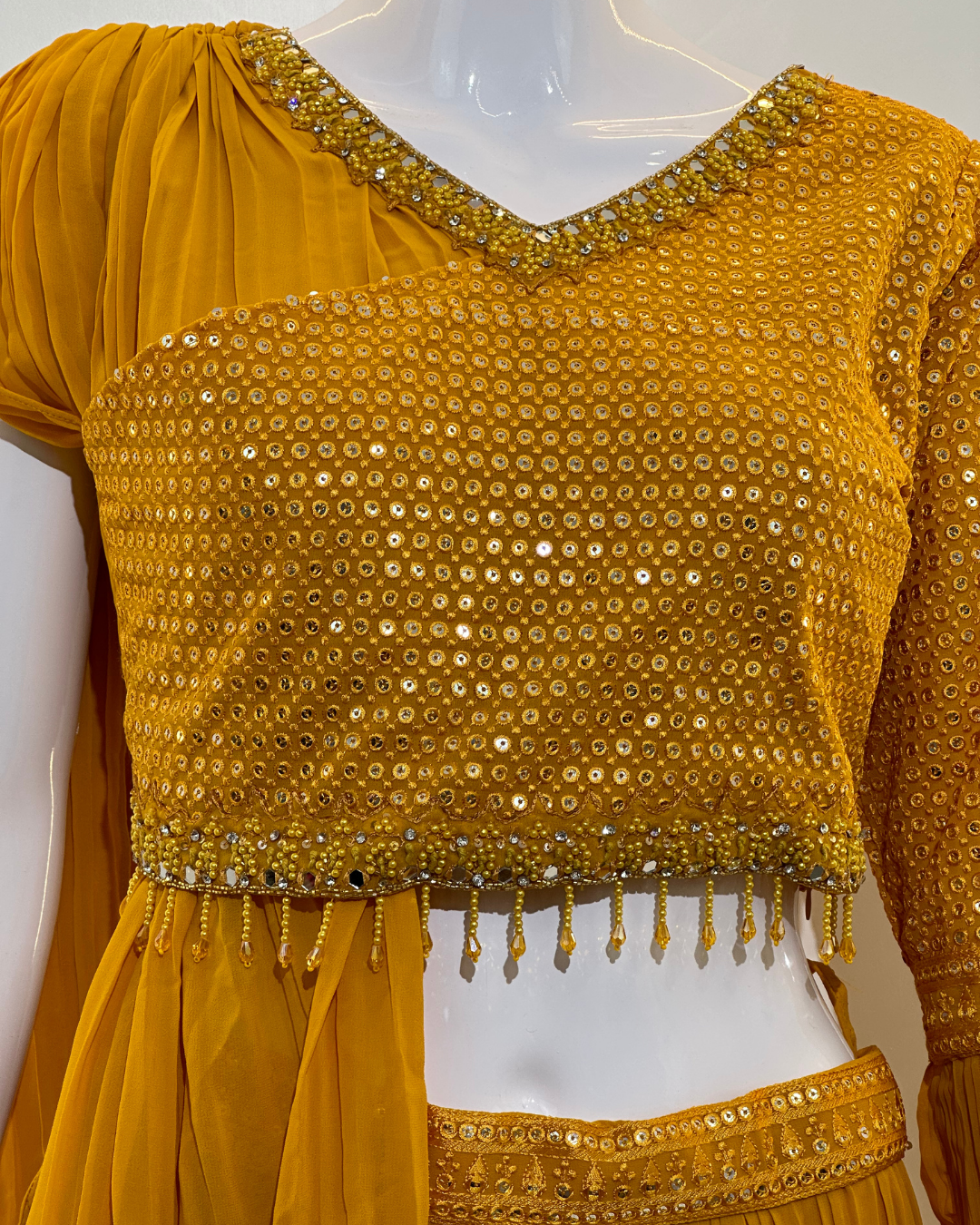 Image of Yellow Georgette Crop Top Dress- 2 Piece