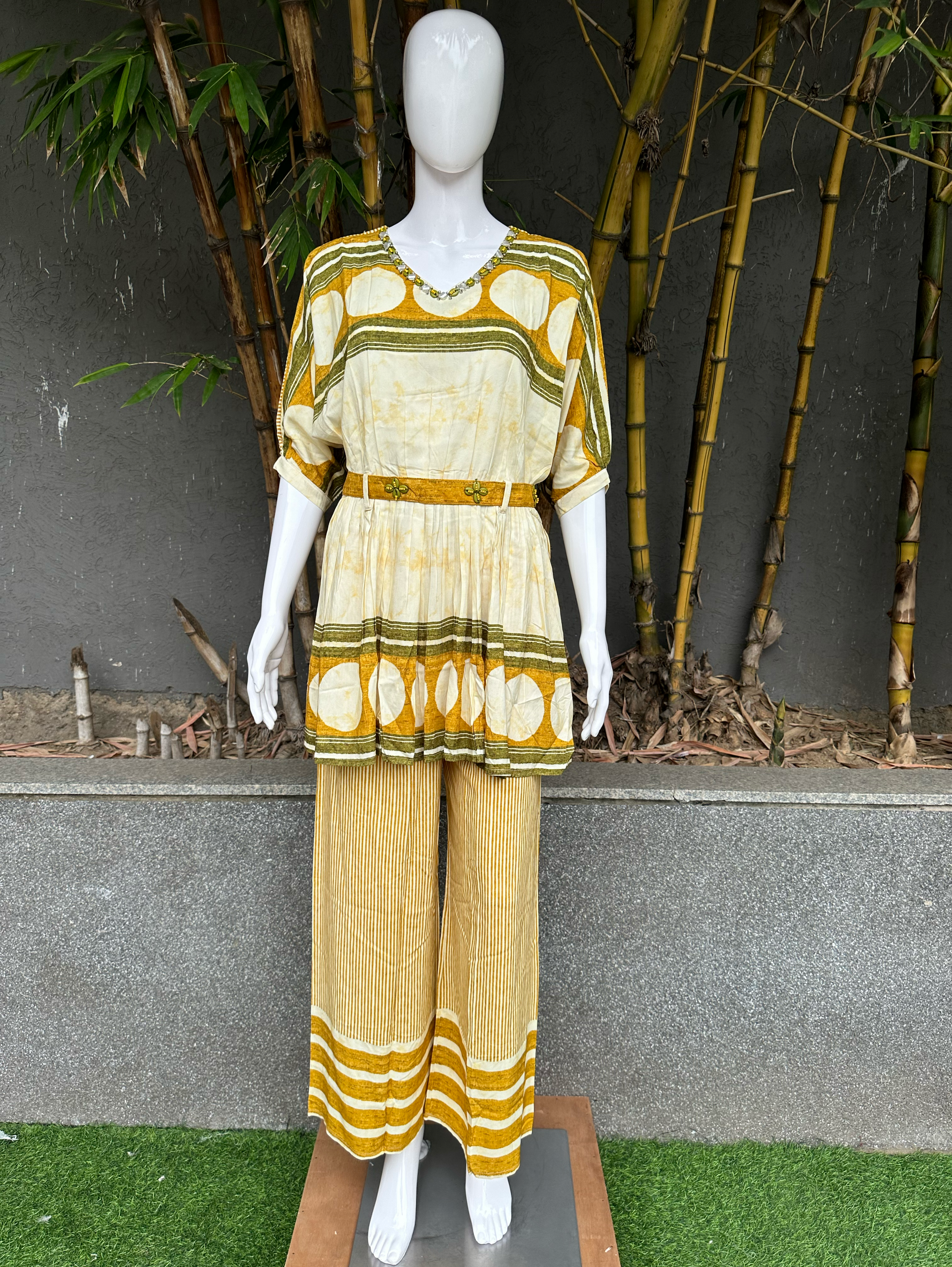 Rayon V Neck Embroidery with Belt Coords