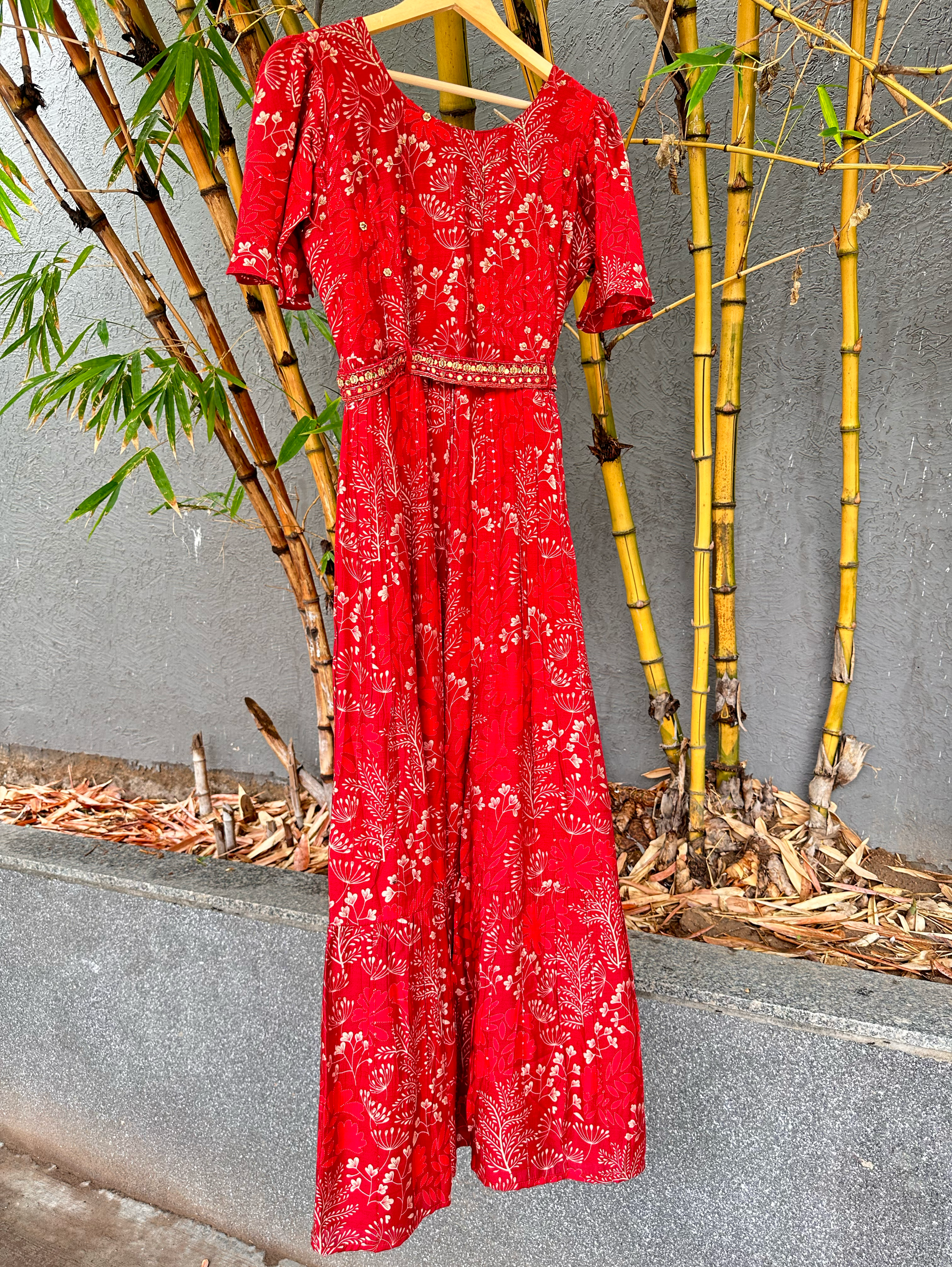 Red Muslin Jumpsuit with Sequence work