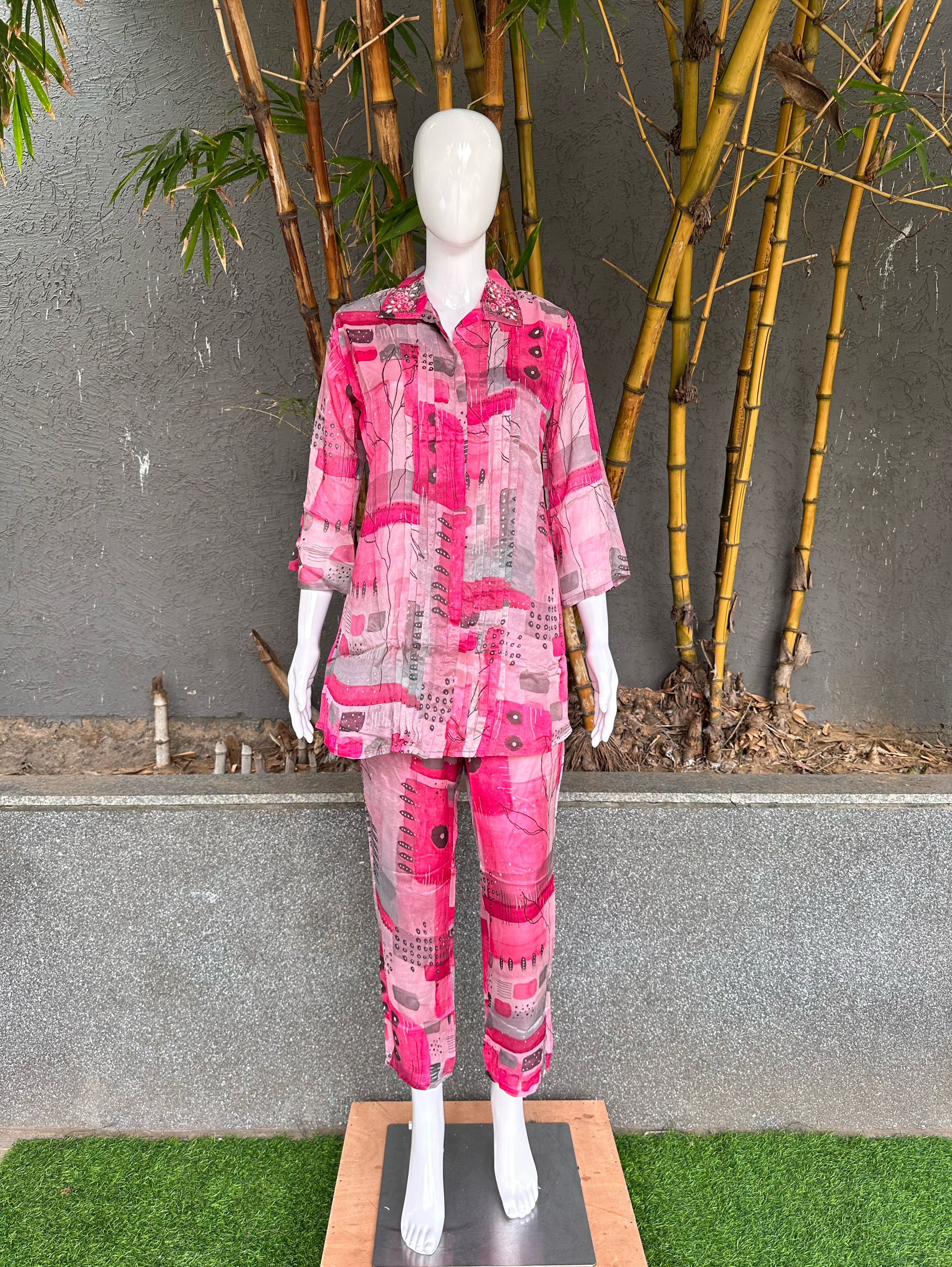 Pure Chinnon Print with Collar work - Coord Set