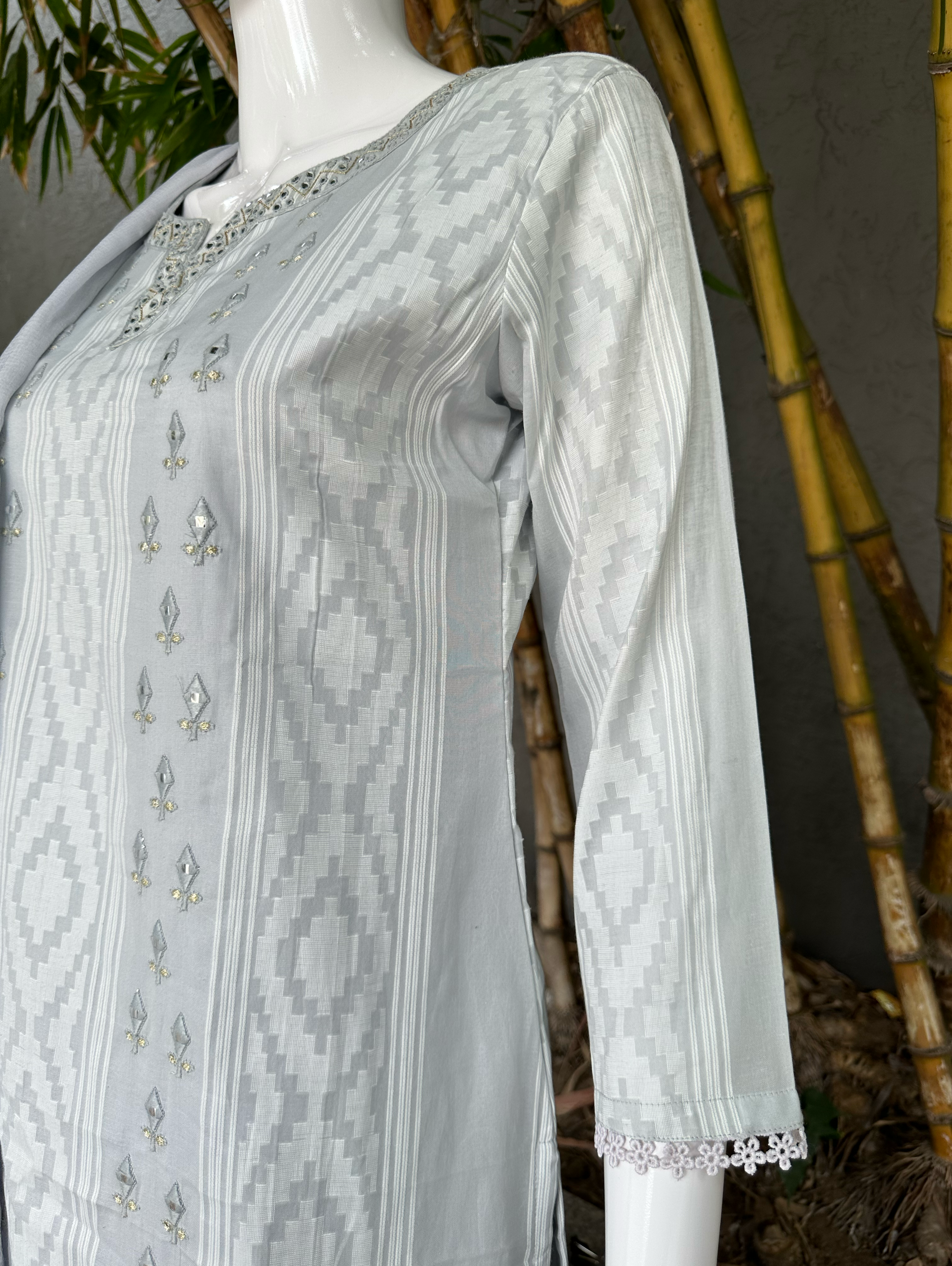 Image of Cotton Ikkat print Embroidery Kurti Set