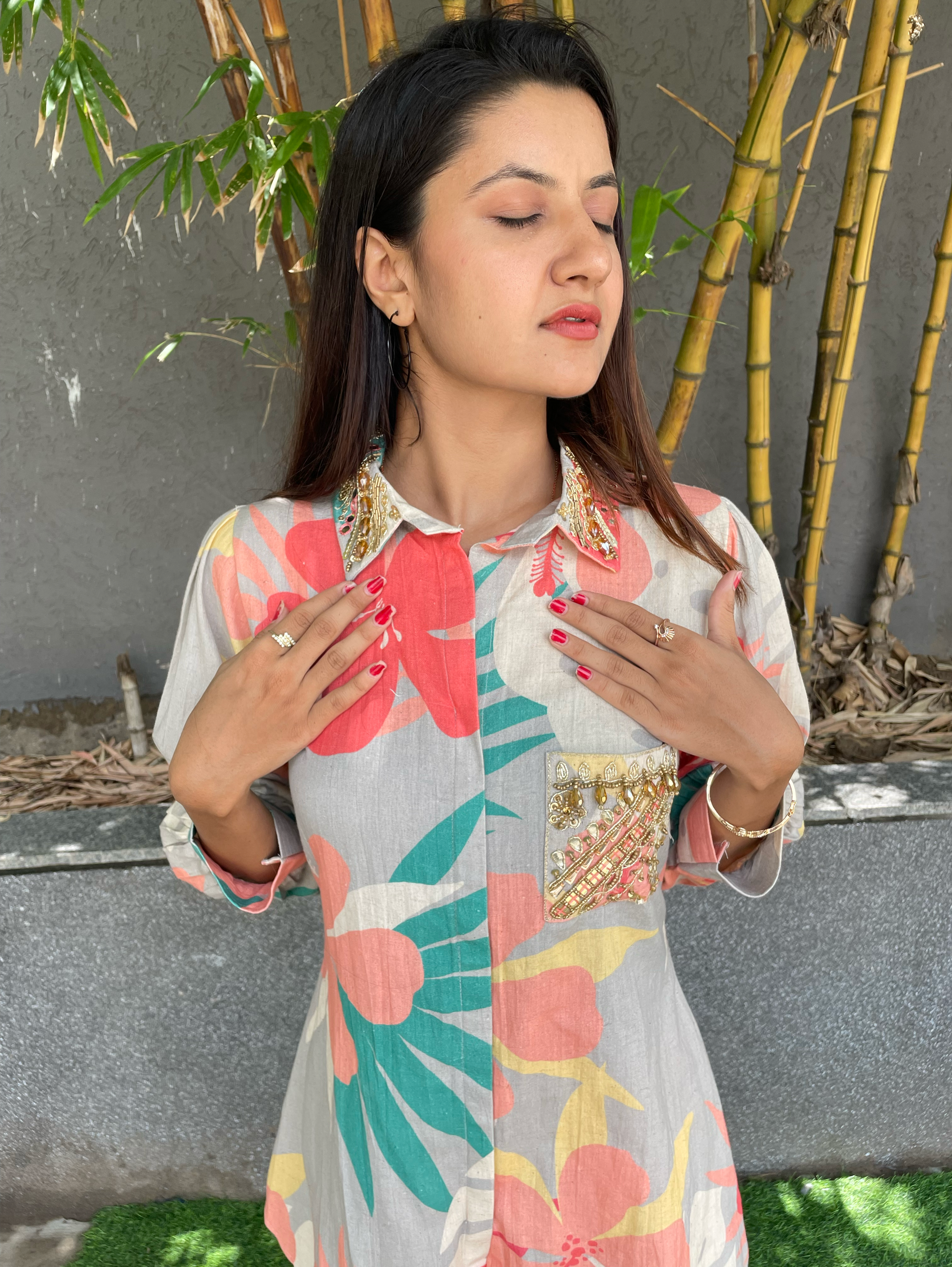 Cotton Flower Print Hand work Coords