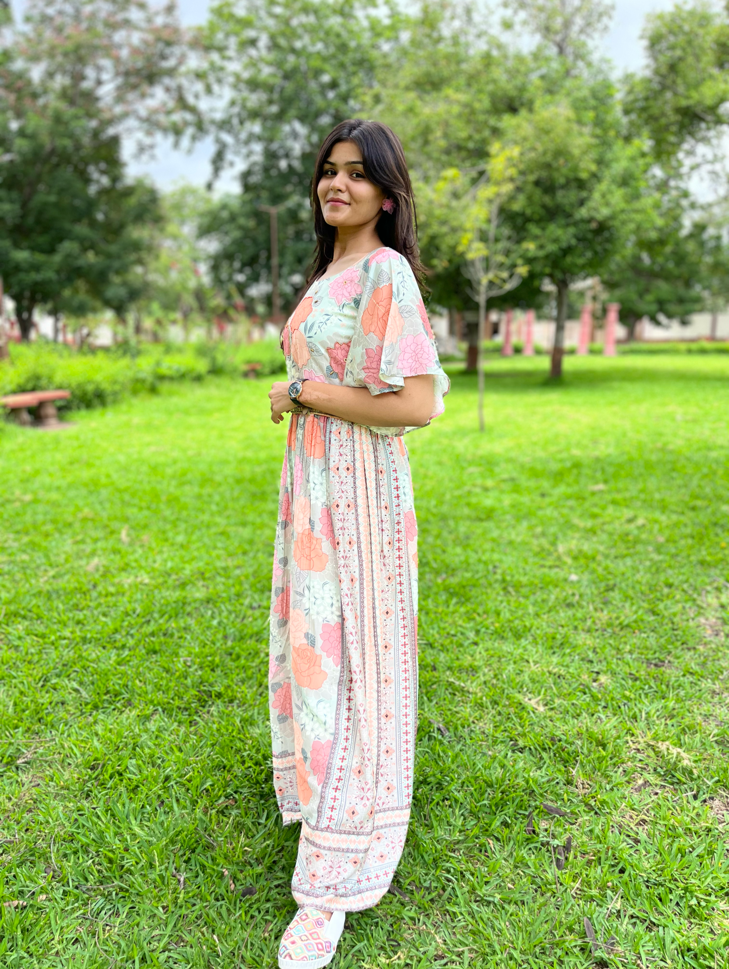 Image of Big Flower Muslin Jumpsuit with Sequence work