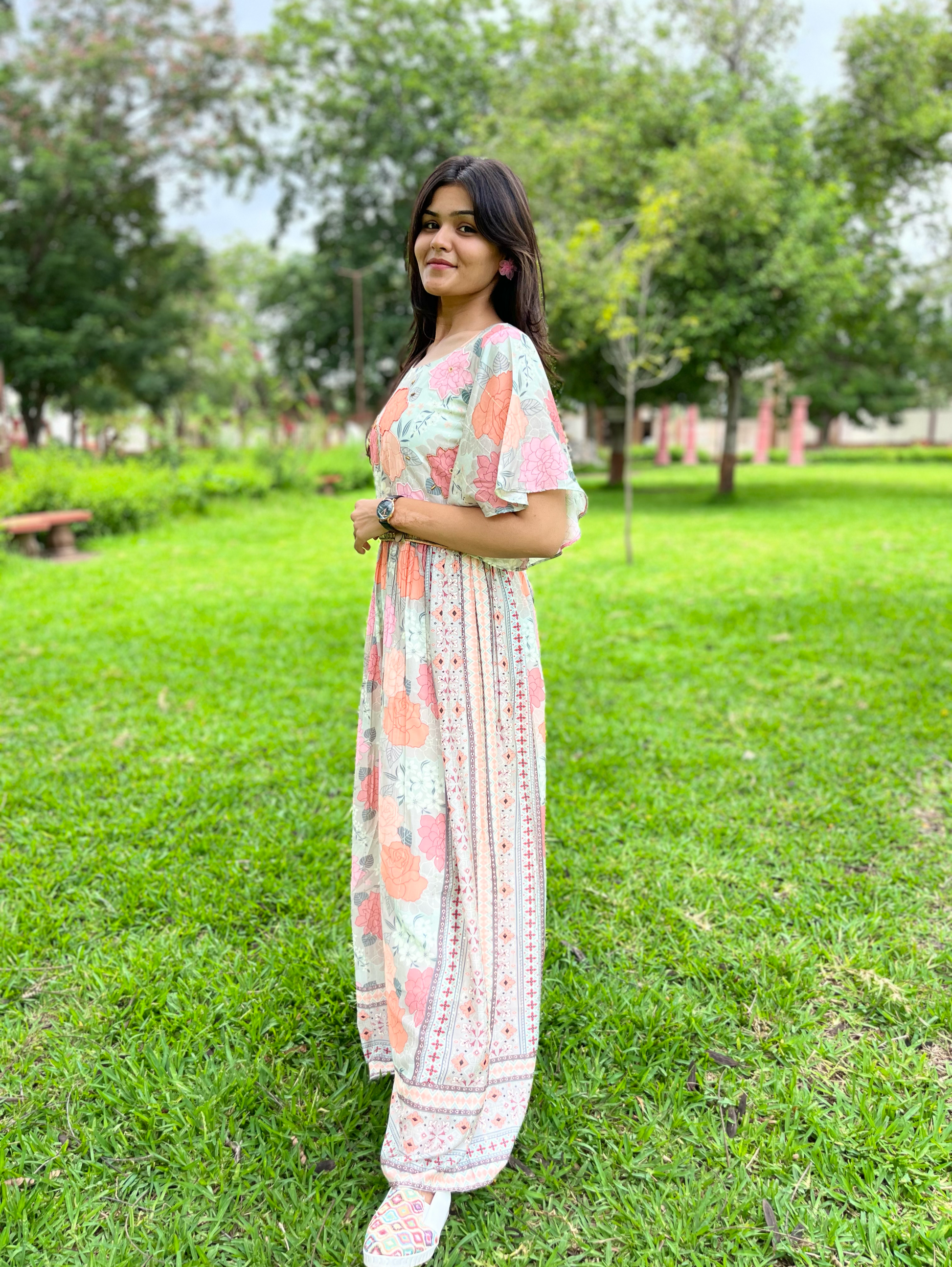 Big Flower Muslin Jumpsuit with Sequence work