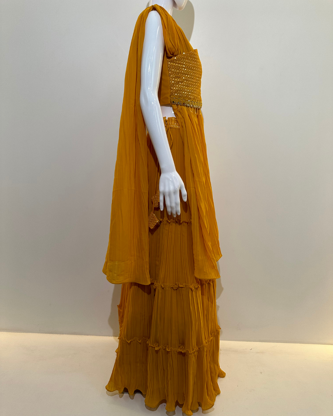 Image of Yellow Georgette Crop Top Dress- 2 Piece