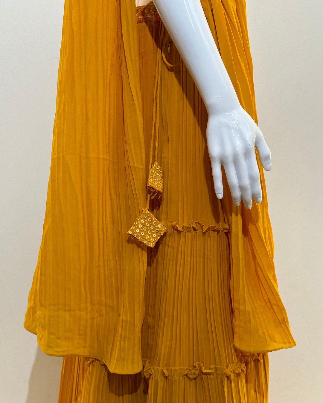 Image of Yellow Georgette Crop Top Dress- 2 Piece