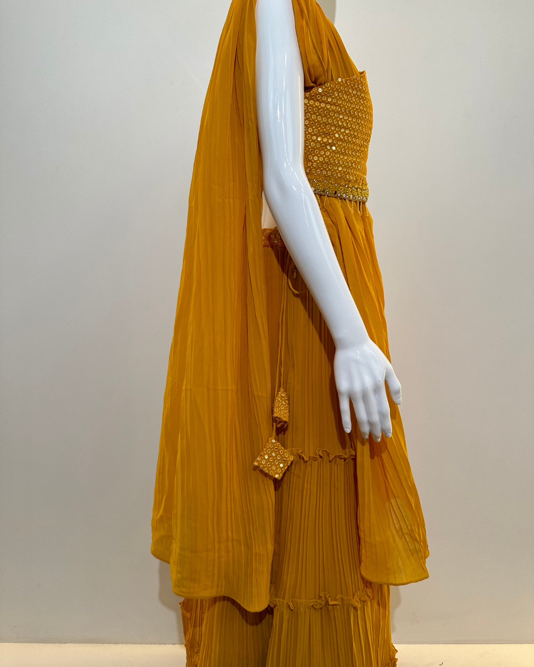 Image of Yellow Georgette Crop Top Dress- 2 Piece