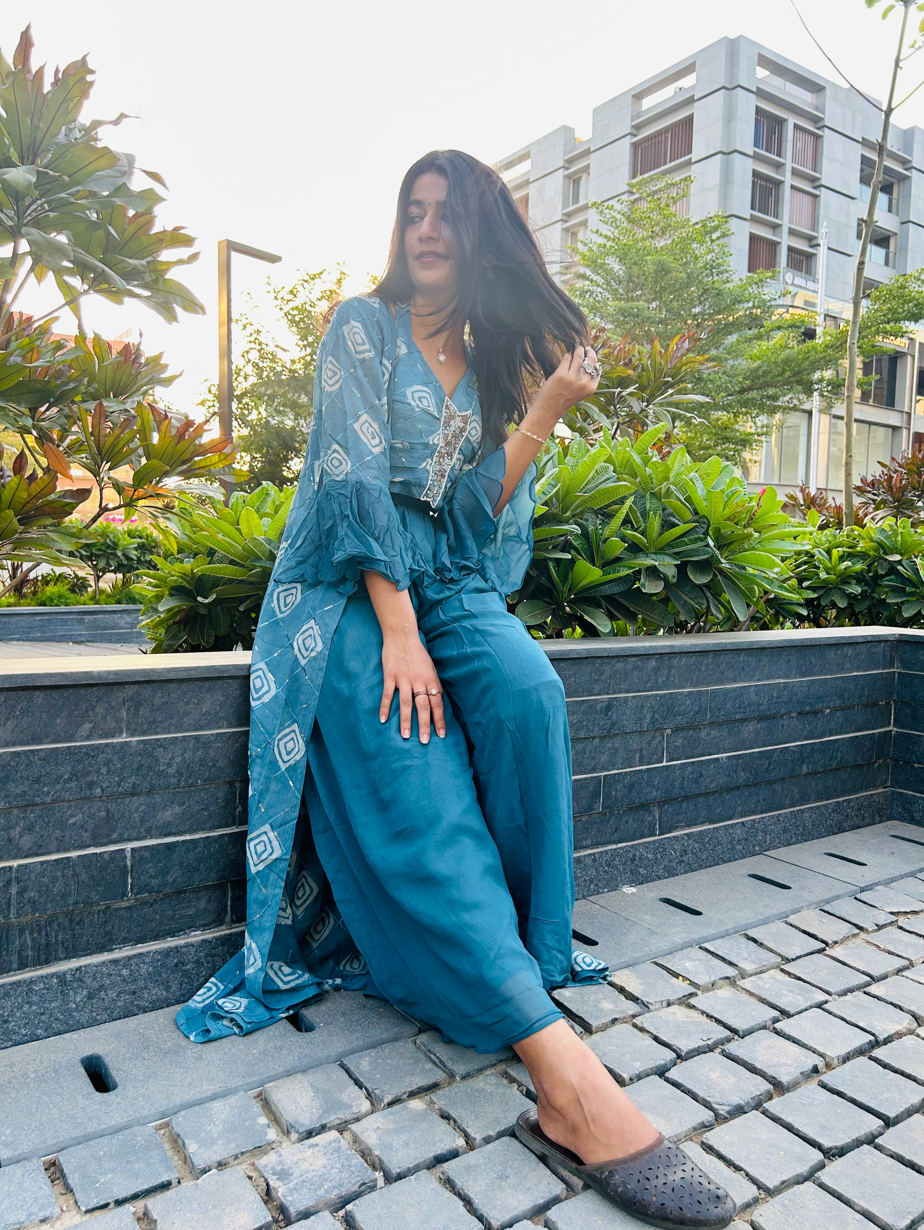 Image of Broad Palazzo Set with work and Separate Shrug - 3 Piece