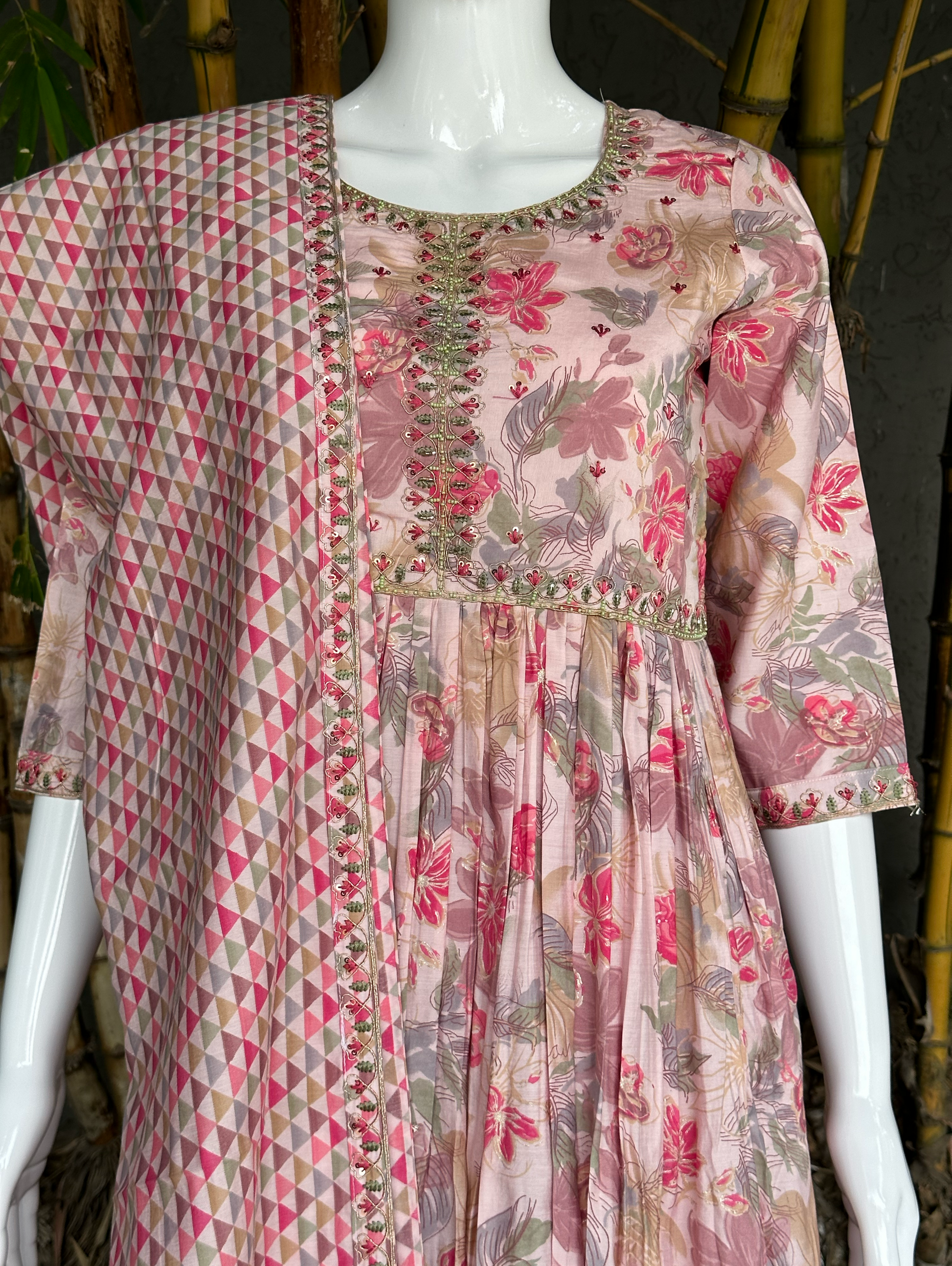 Alia Cut Muslin 3 Piece with Hand work - Kurti Set